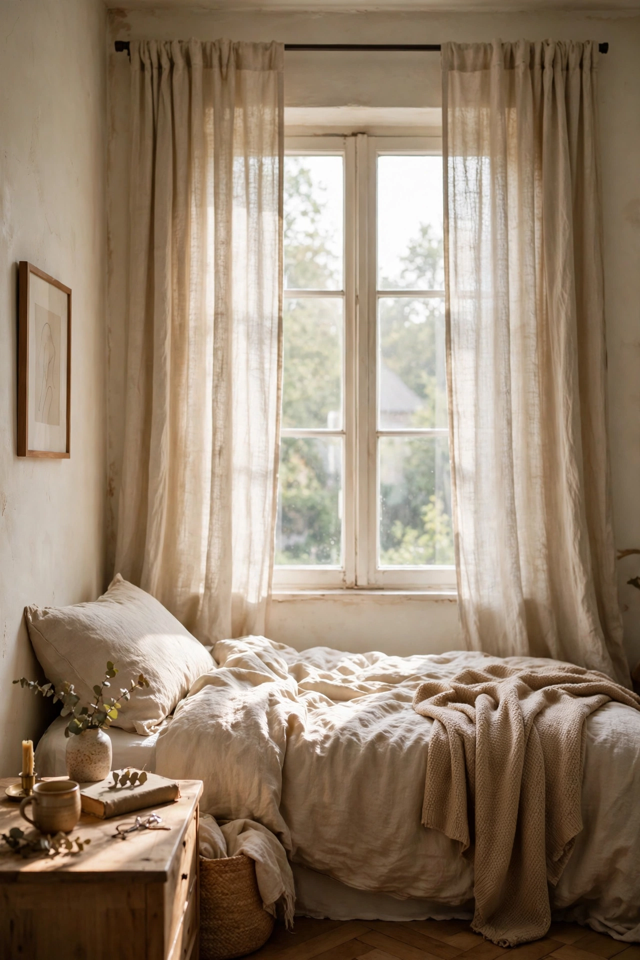 Clearance linen-look curtain panels hung high on a bedroom window
