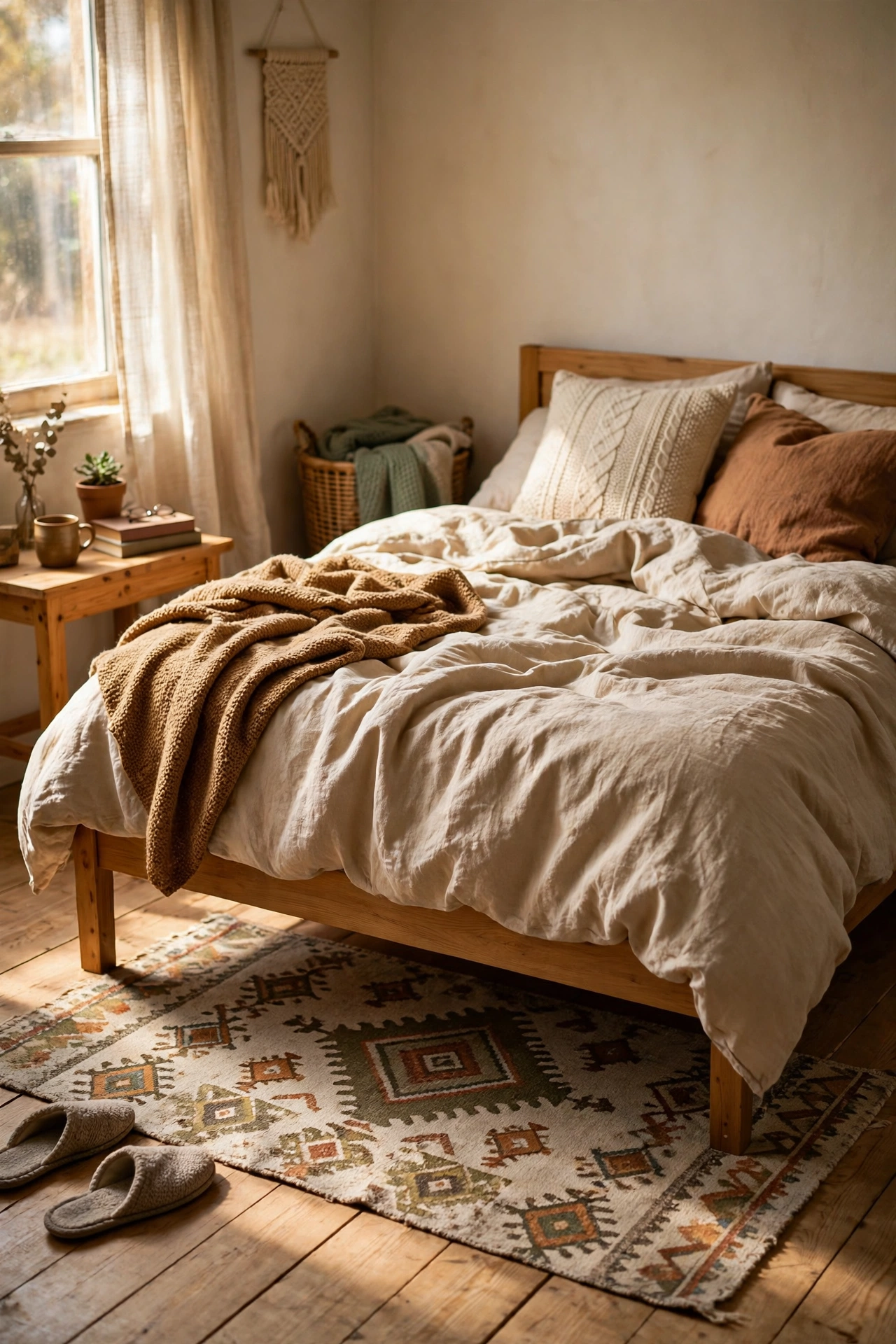 Affordable patterned area rug placed under the front of a bed