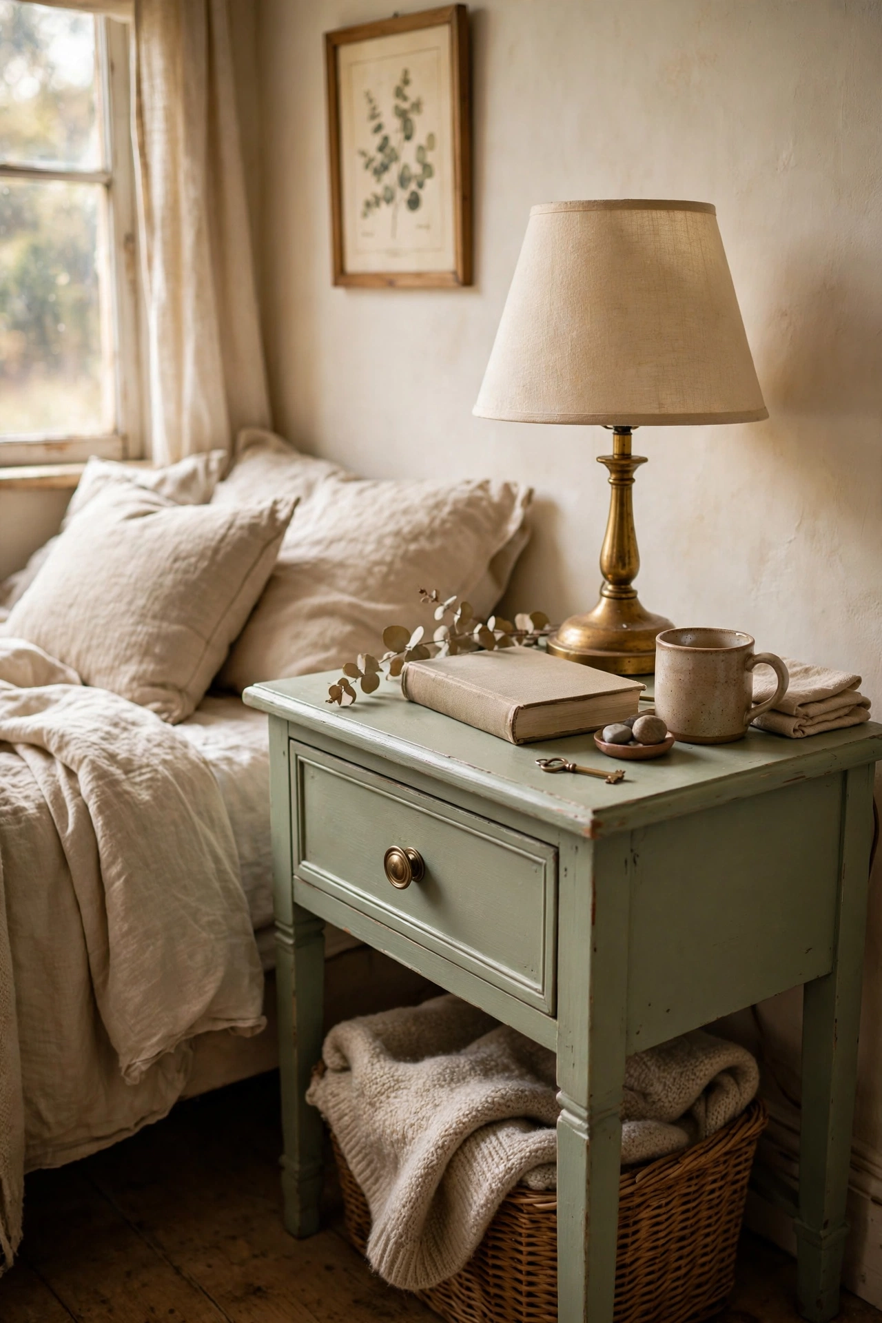 Thrifted wooden nightstand painted sage green beside a bed