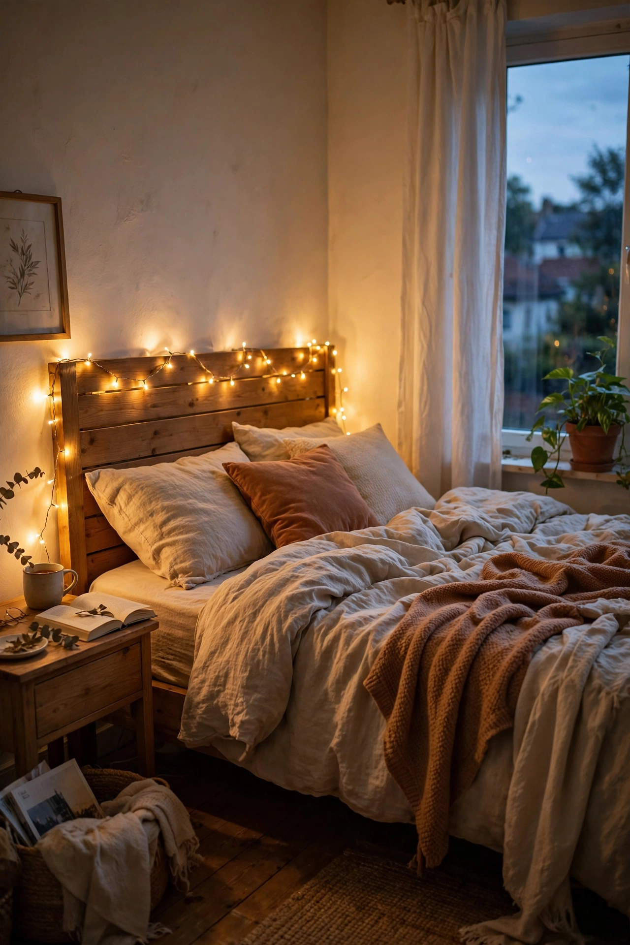 Warm fairy lights draped along a headboard and bookshelf in a bedroom