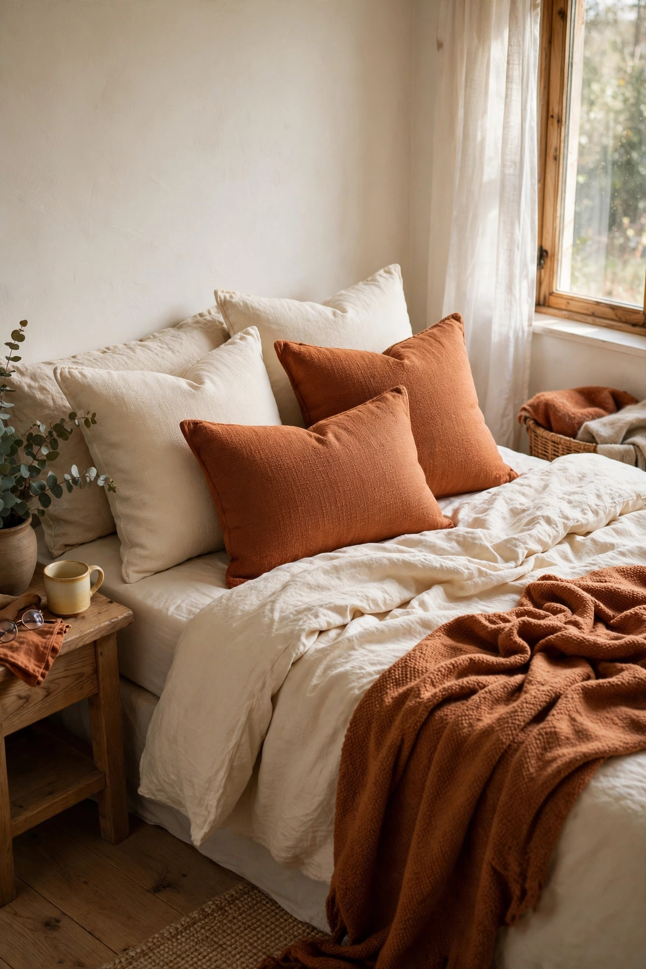 Bed styled with new clearance throw pillows in cream and rust