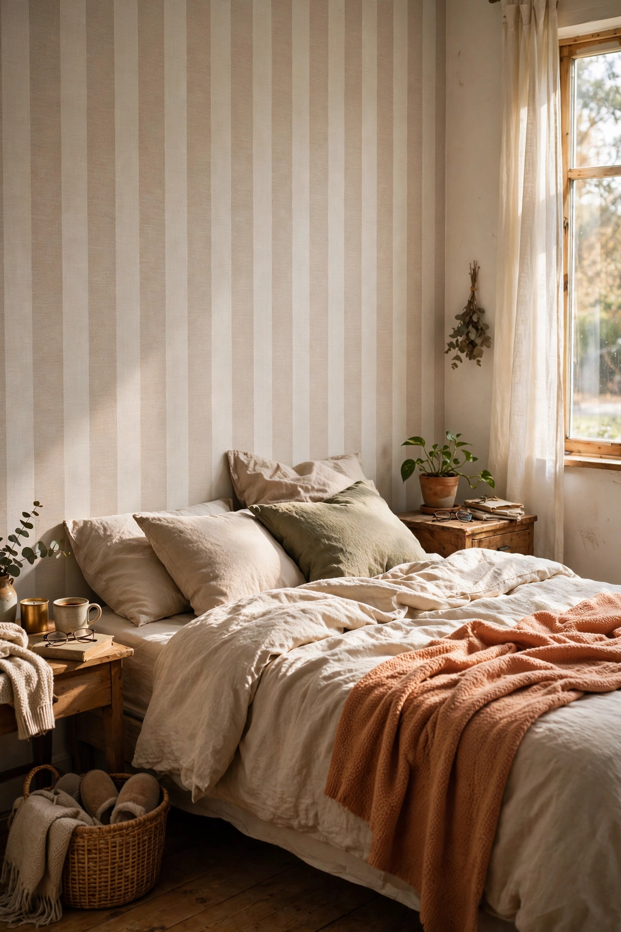 Bedroom headboard wall covered in peel-and-stick subtle stripe wallpaper