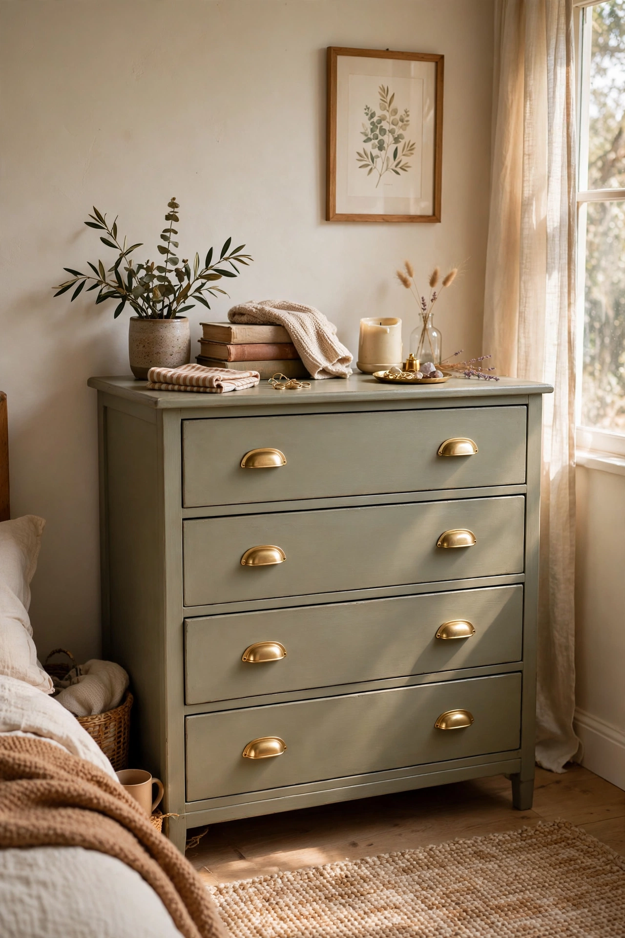 Thrifted dresser flipped with paint and new bin pulls in a bedroom
