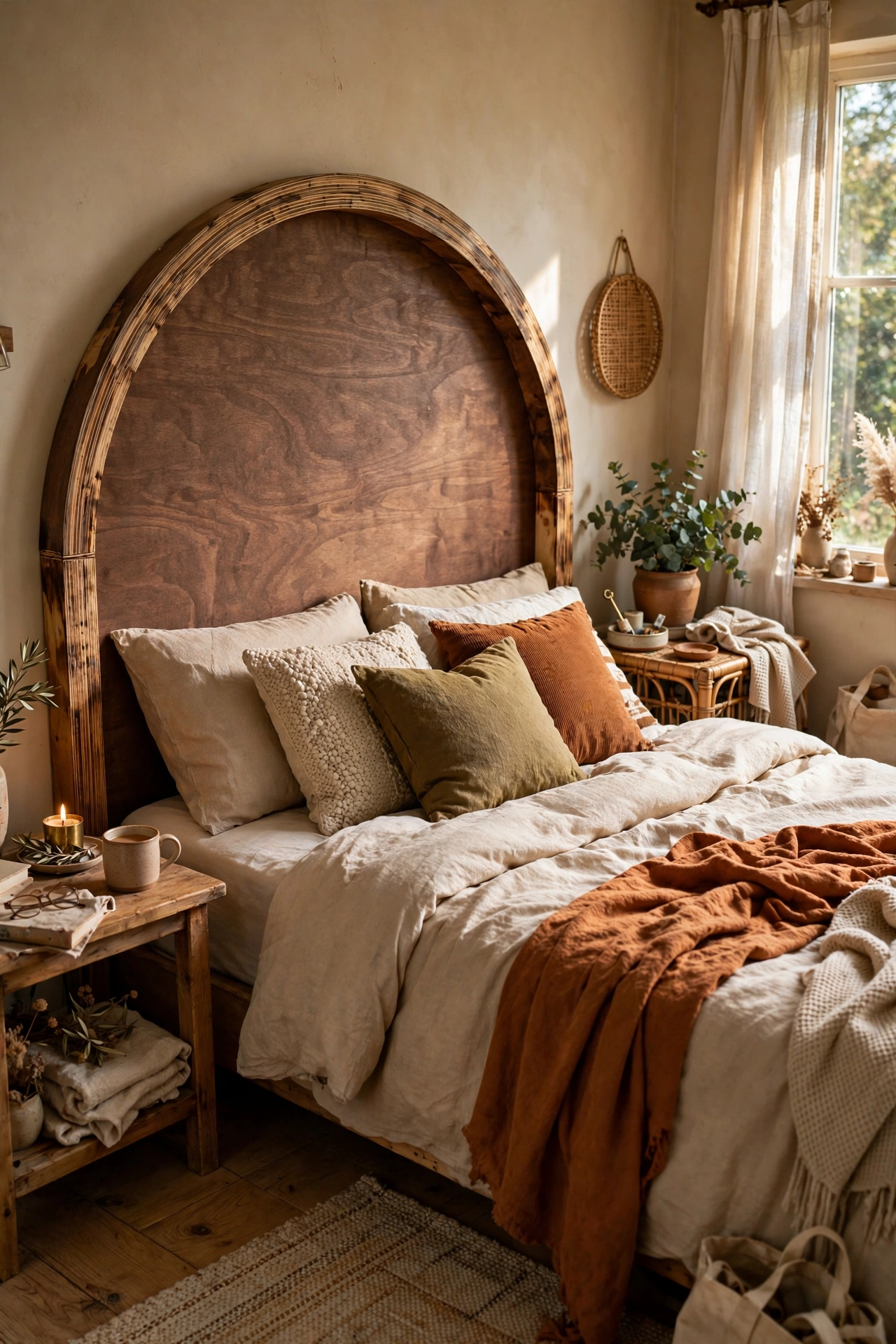 DIY plywood headboard cut in an arch shape and stained walnut