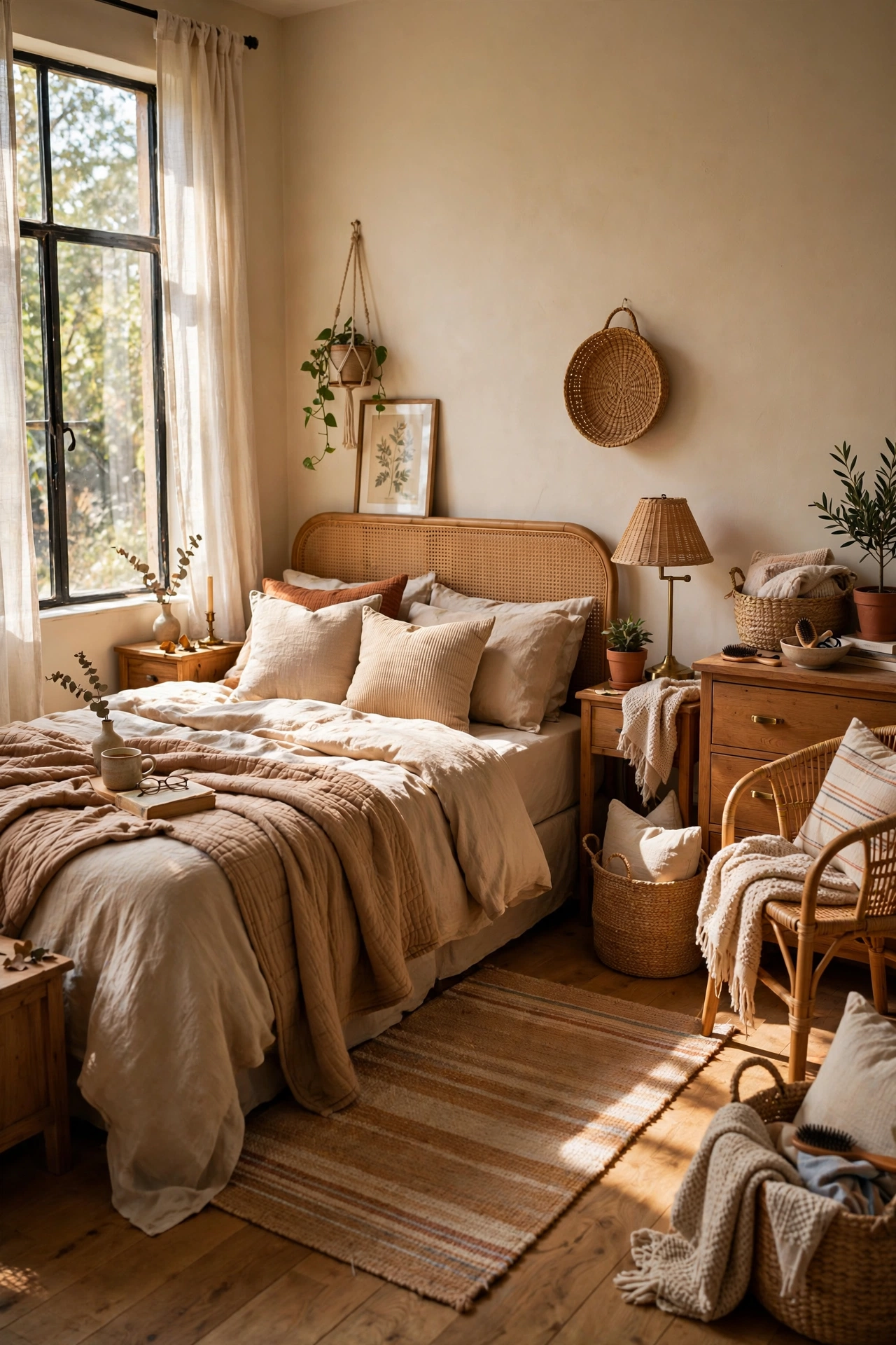 Bedroom with furniture rearranged, bed on the longest wall facing the door