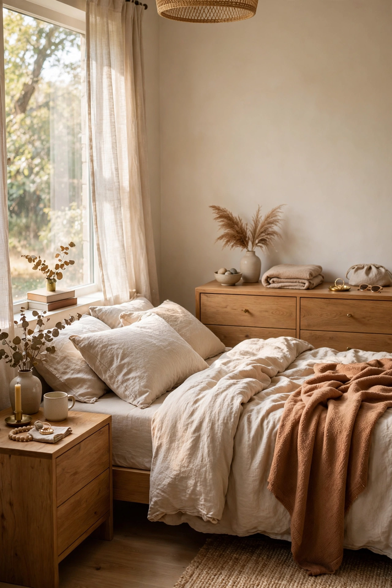 Bedroom surfaces decluttered with only a few styled items remaining