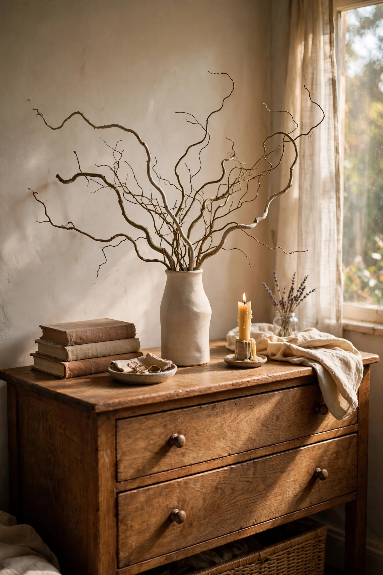 Foraged curved branches arranged in a vase on a bedroom dresser
