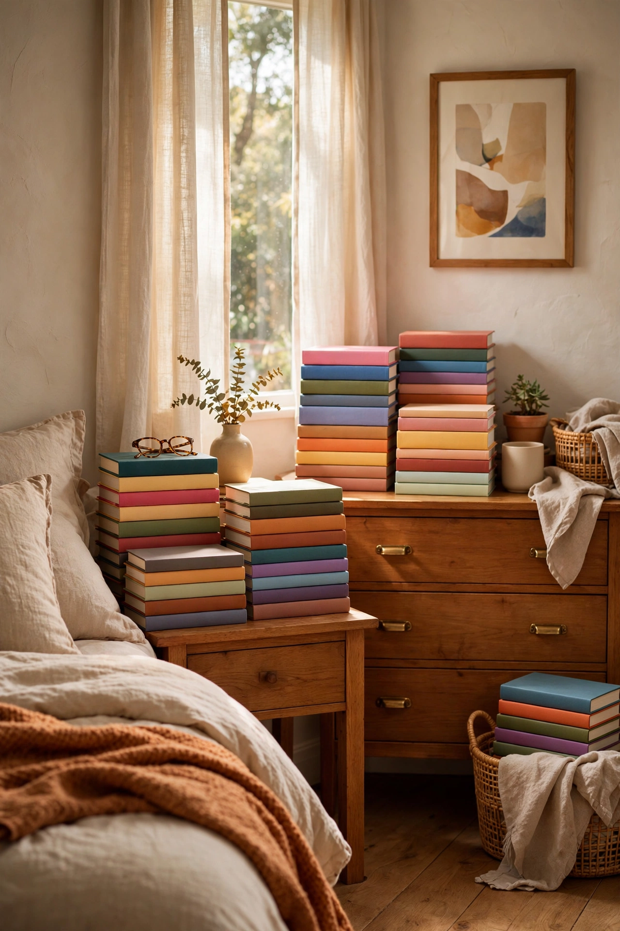 Stacks of library art books used as decor on bedroom furniture