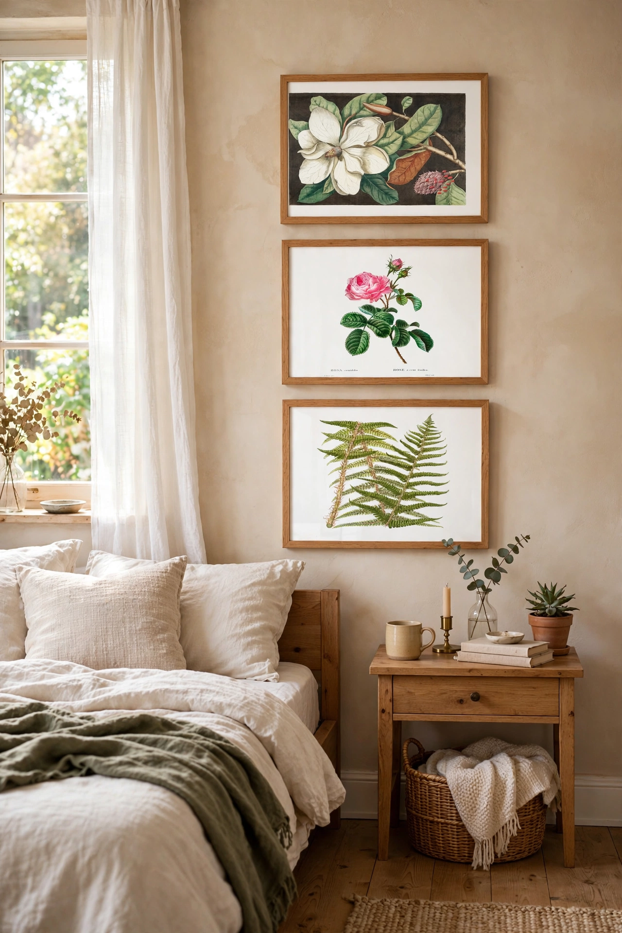 Framed botanical prints from free public domain art on a bedroom wall