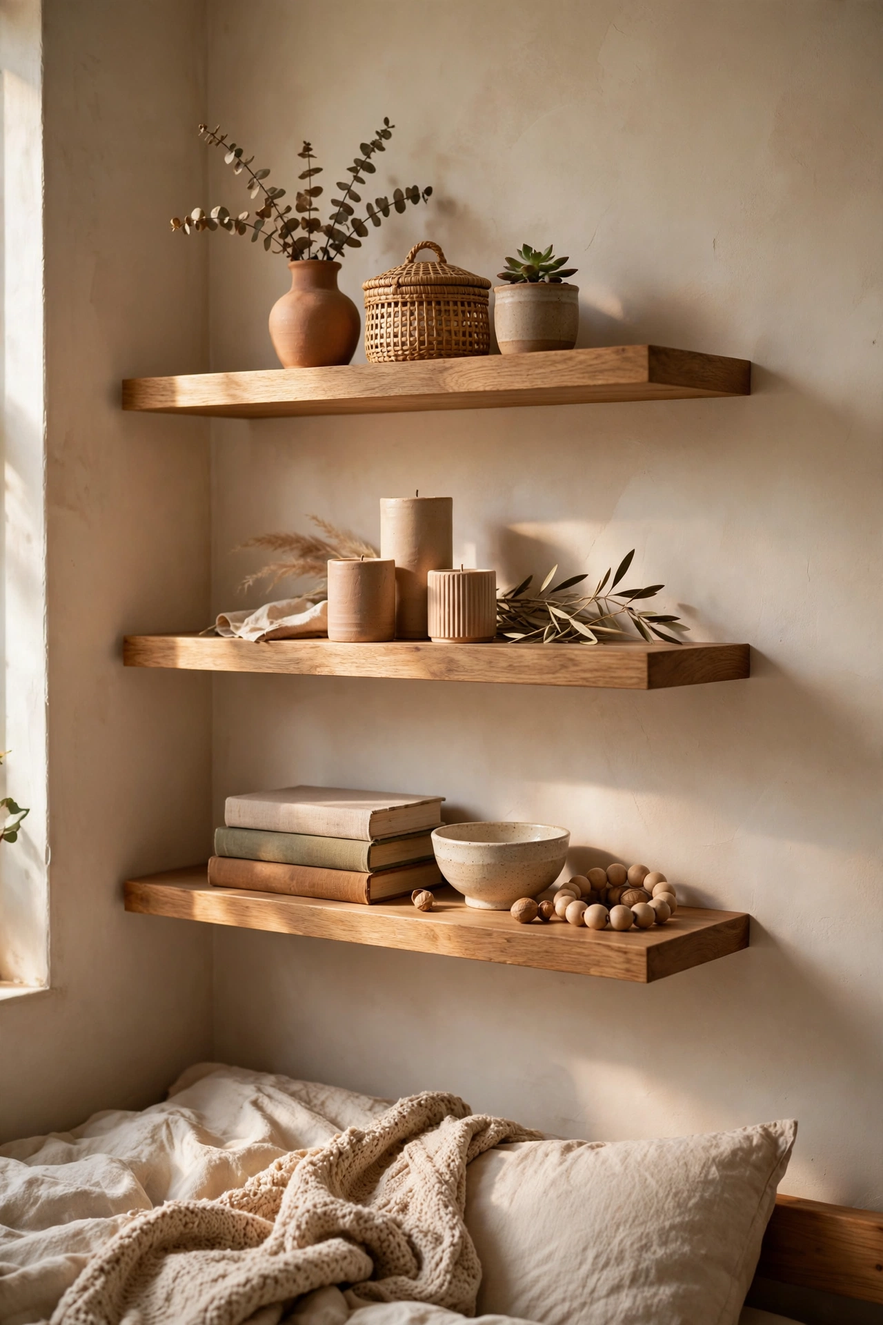 Bedroom shelves restyled with existing objects grouped in threes