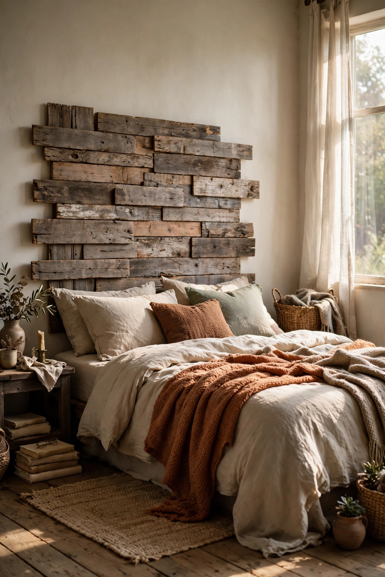Headboard built from reclaimed weathered fence boards behind a bed