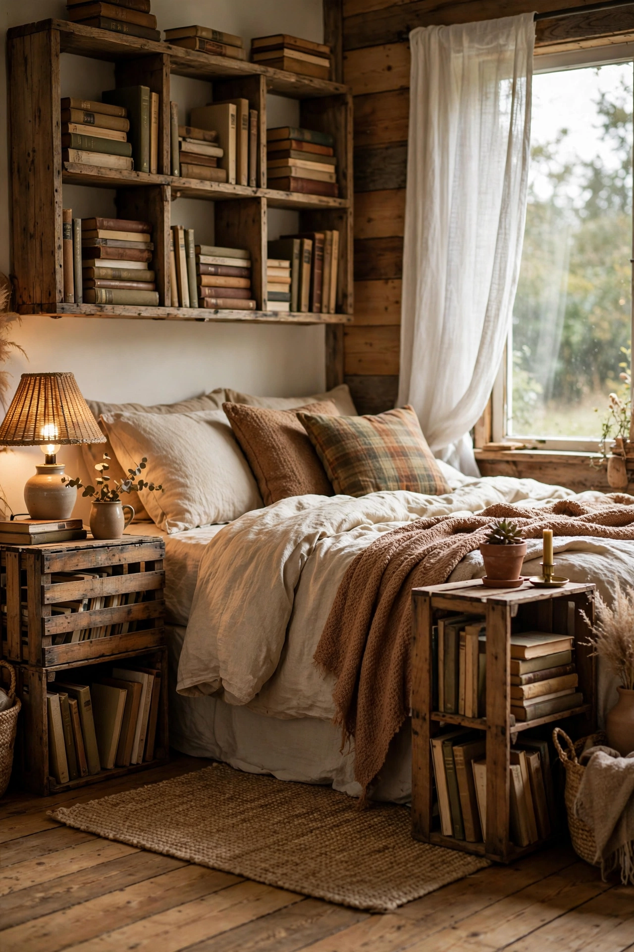 Wooden apple crates used as nightstands beside a rustic bed