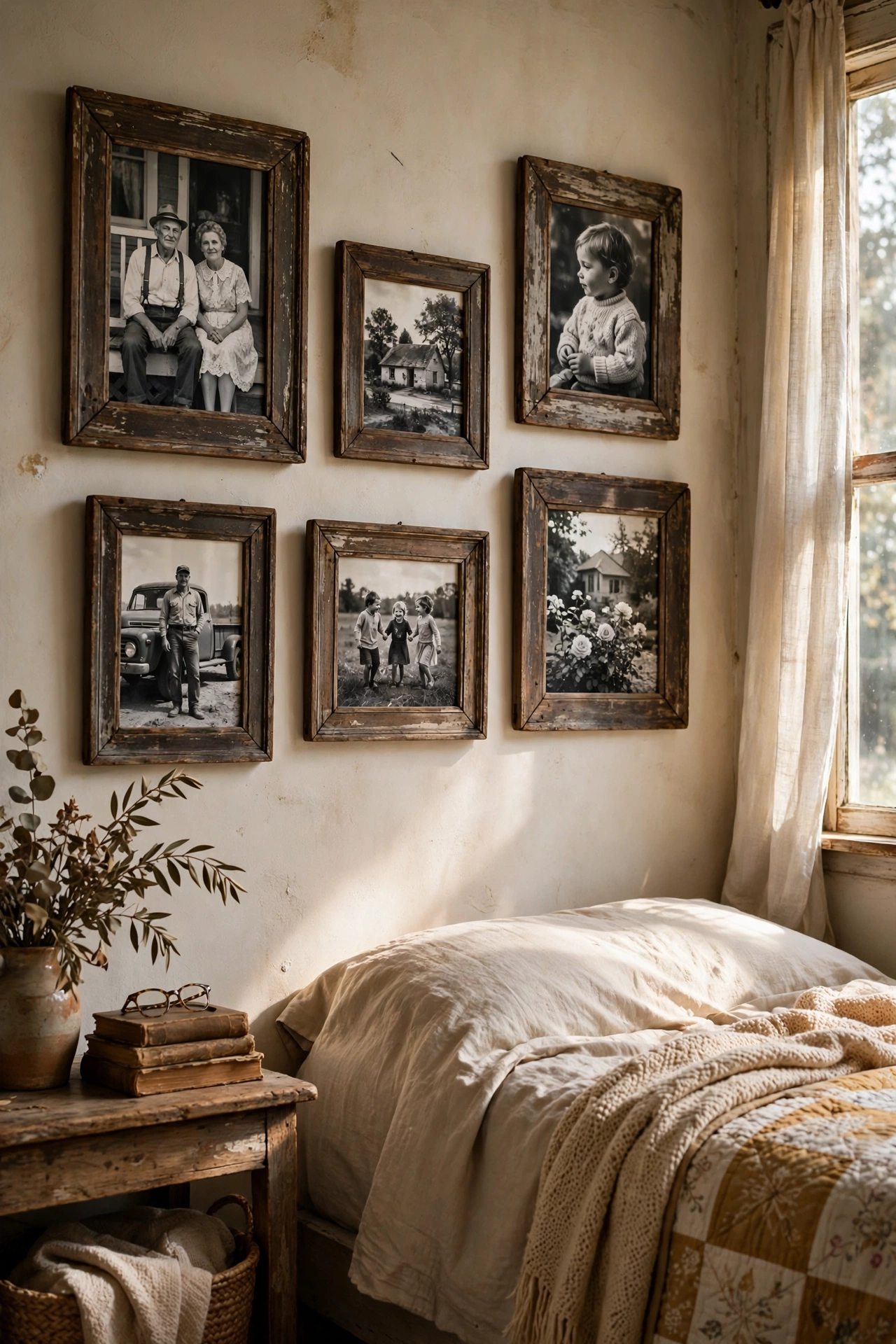 Distressed wood picture frames with black and white photos on a bedroom wall