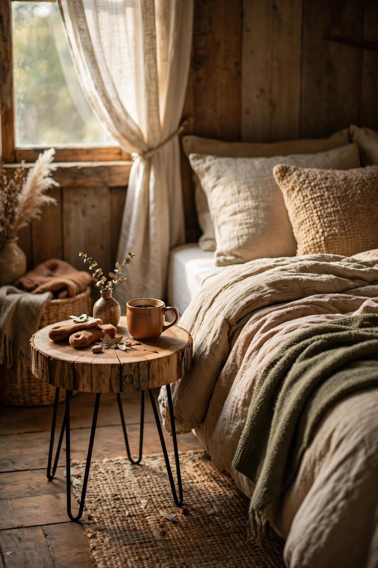 Log slice side table with visible tree rings beside a rustic bed