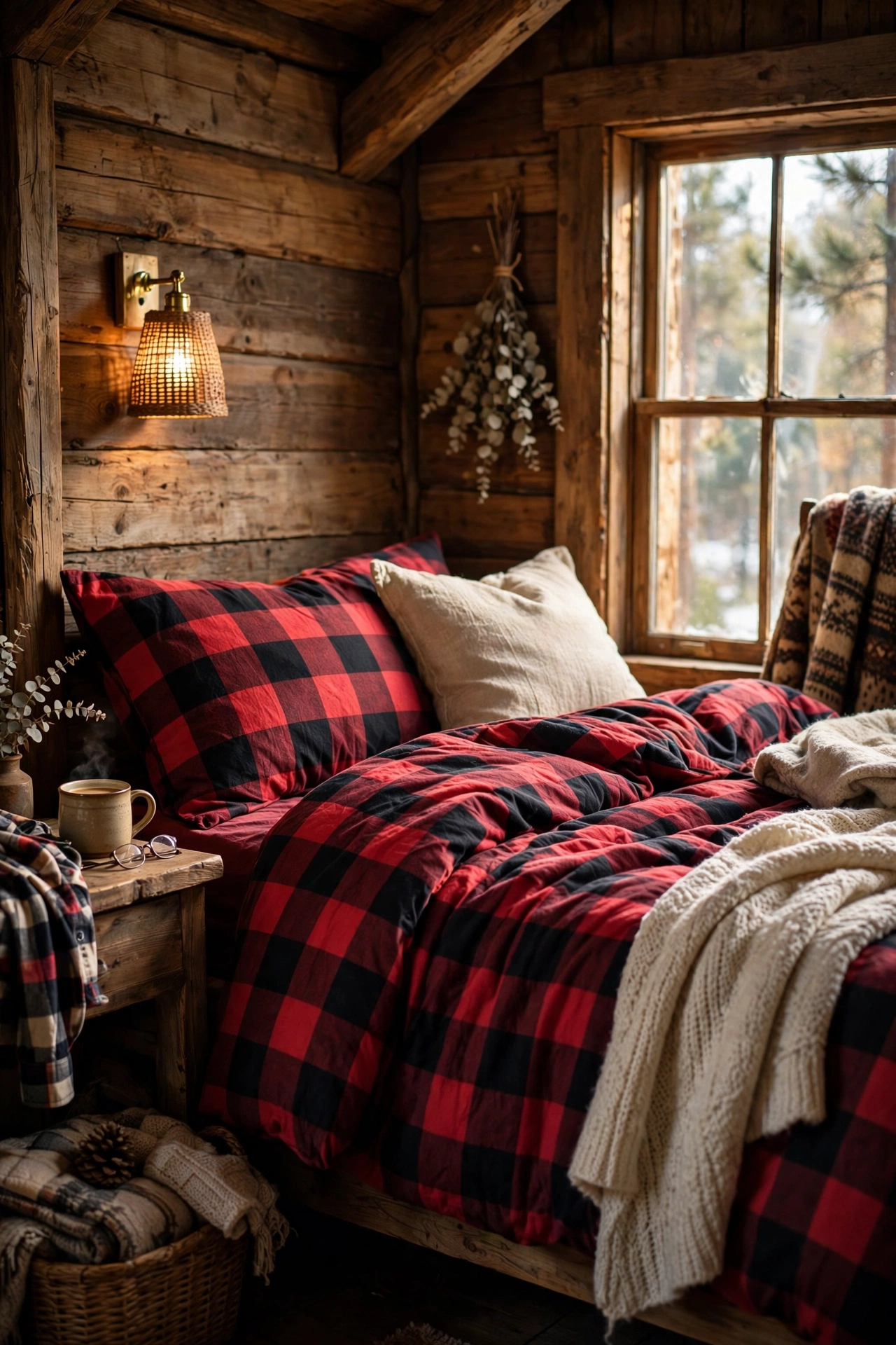 Bed dressed in buffalo plaid flannel bedding in a rustic bedroom