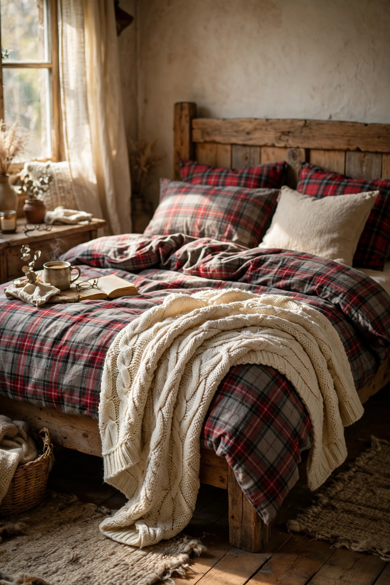 Cream chunky knit throw draped over plaid bedding in a rustic bedroom