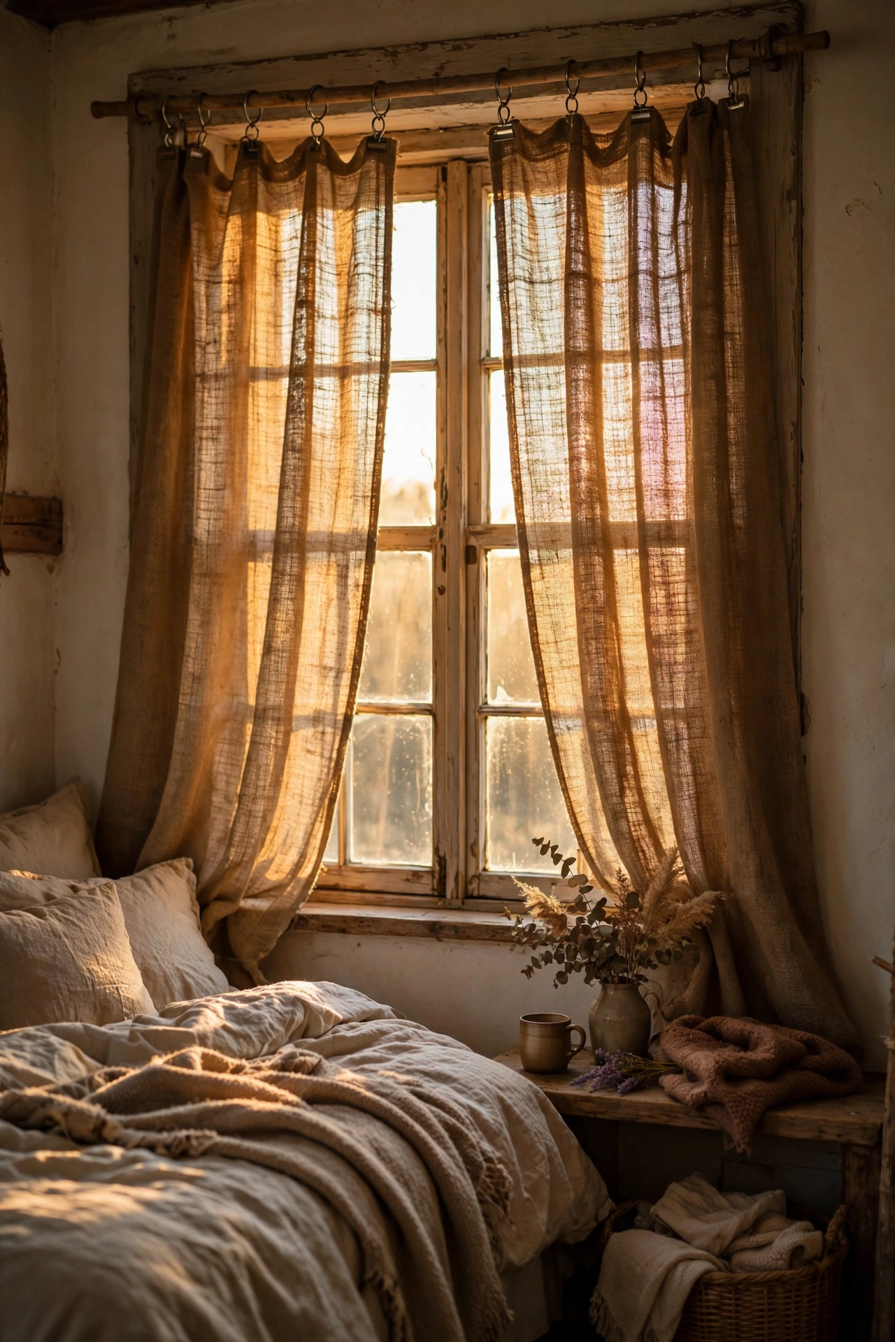 Burlap curtain panels with frayed edges hanging on a rustic bedroom window