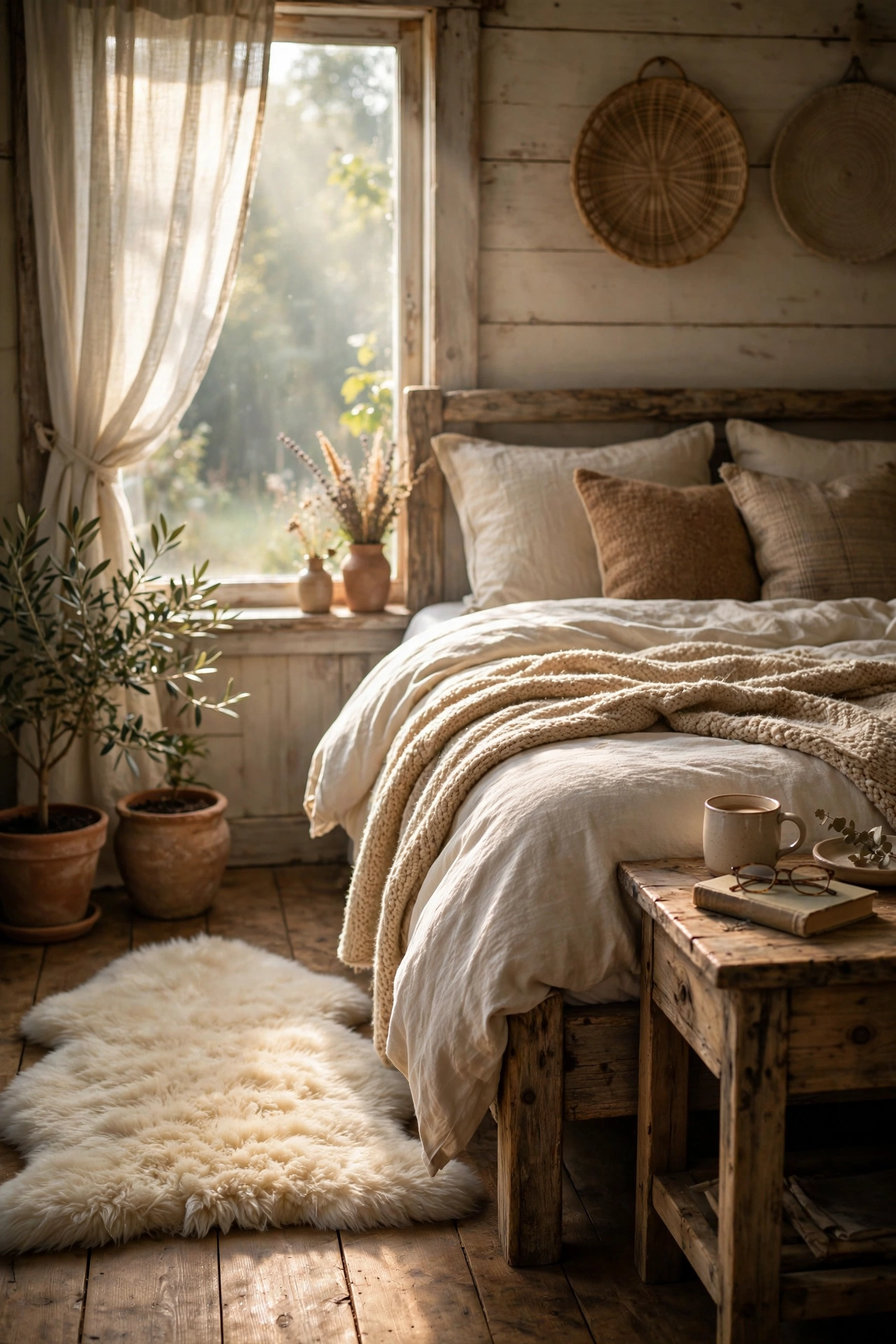 Cream faux fur rug placed beside a rustic bed on wood floors