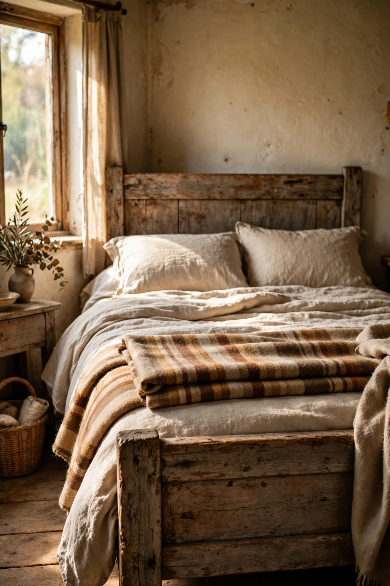 Striped wool blanket in earth tones folded at the foot of a rustic bed