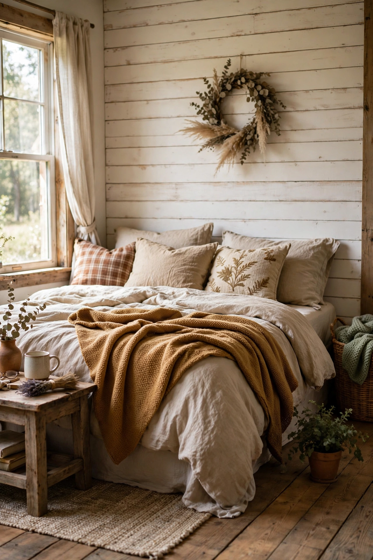 DIY shiplap accent wall painted warm white behind a rustic bed