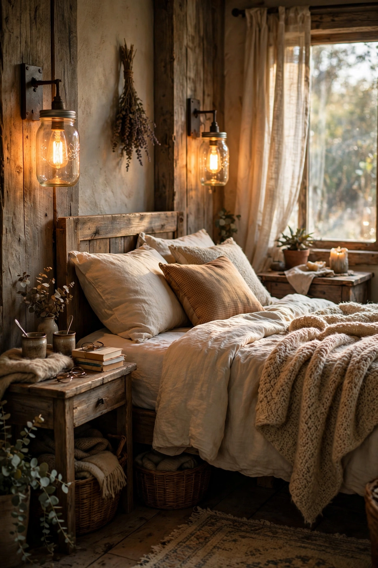 Mason jar wall sconces with warm bulbs mounted beside a rustic bed