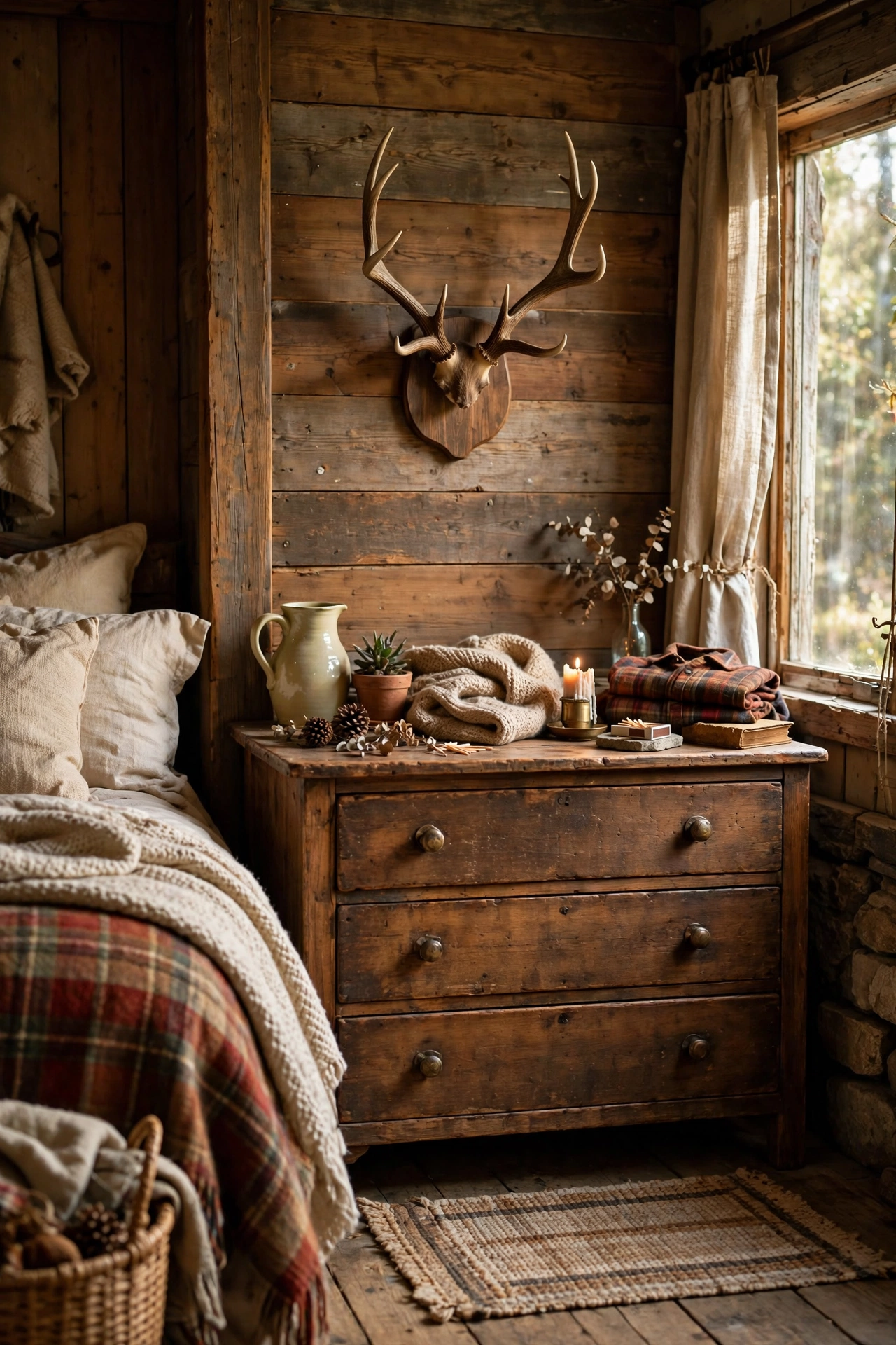 Small faux antler mount hung over a dresser in a rustic bedroom