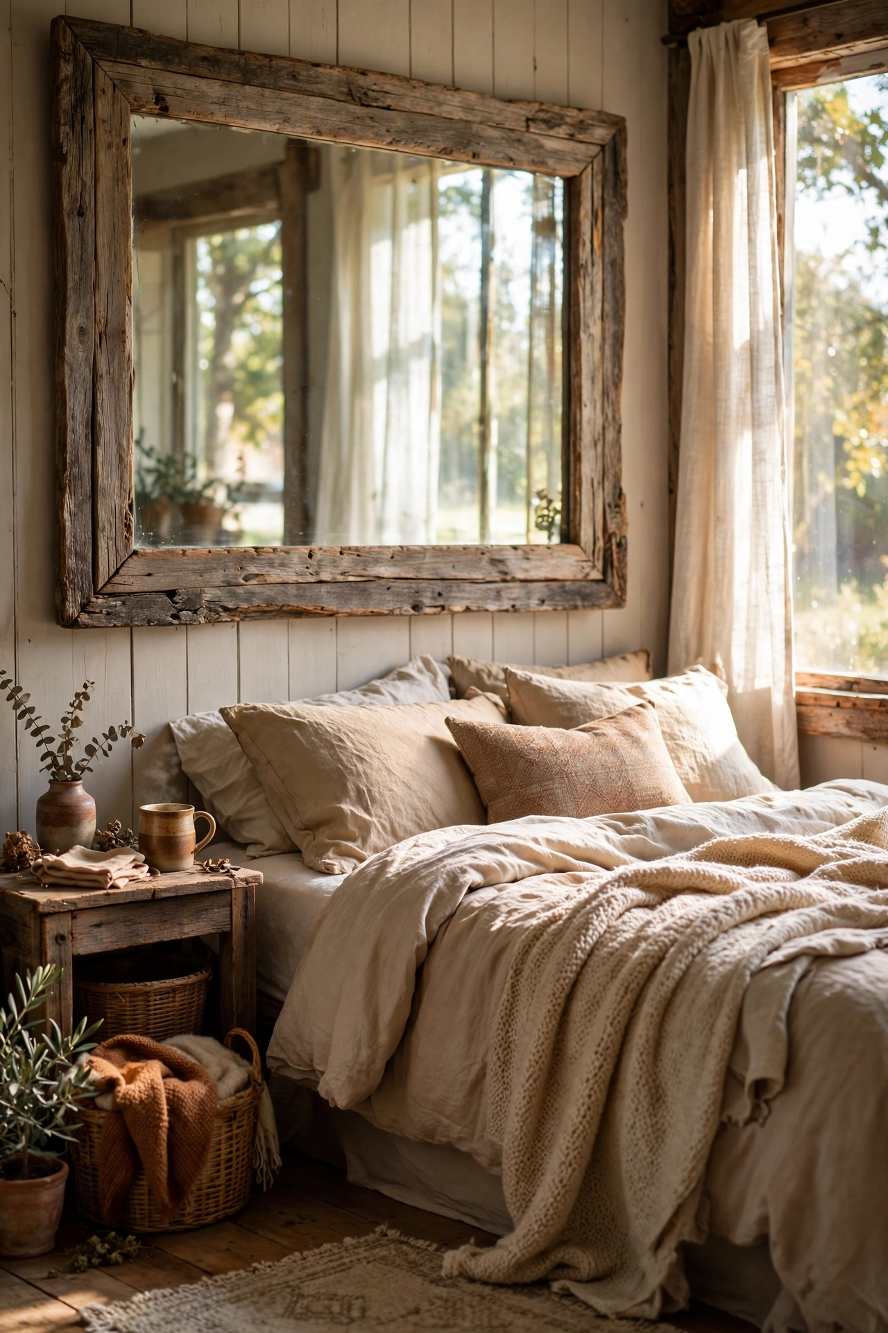 Mirror framed with weathered barnwood hanging in a rustic bedroom