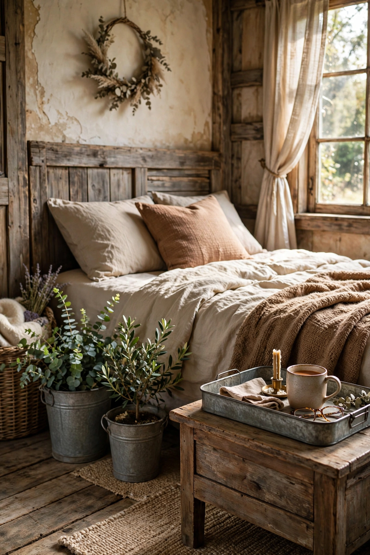 Galvanized metal tray and buckets styled in a rustic bedroom