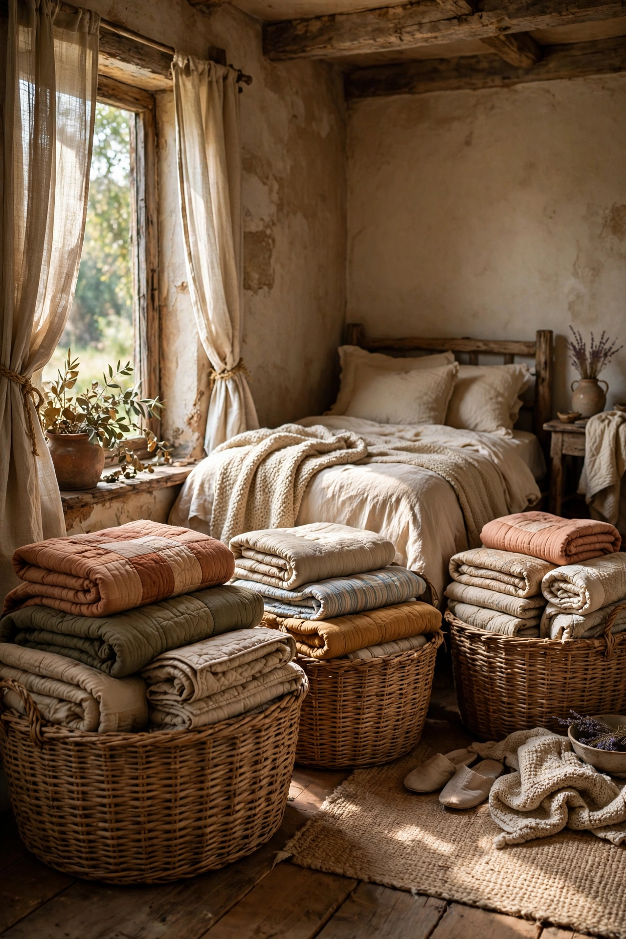 Large woven seagrass baskets storing quilts in a rustic bedroom
