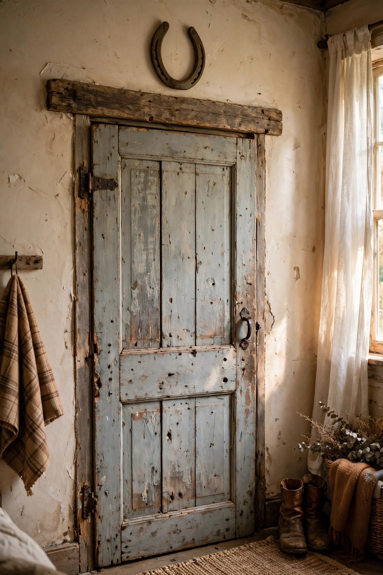 Single vintage horseshoe hung over a rustic bedroom door