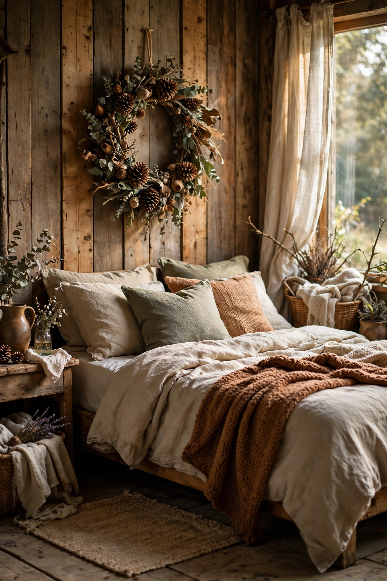 Pine cone wreath on a grapevine base hung over a rustic bed