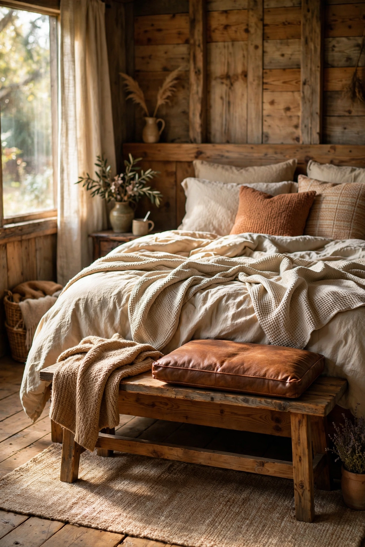 Pine bench with faux leather cushion at the foot of a rustic bed