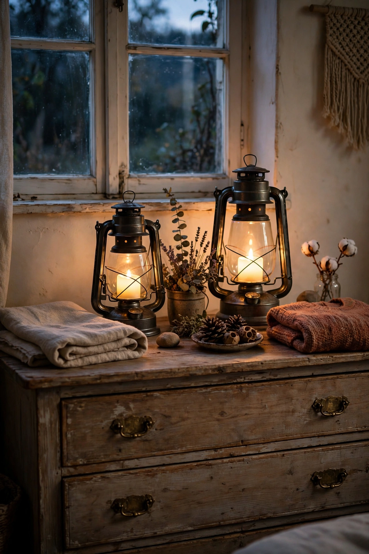 Vintage-style metal lanterns with LED candles on a rustic dresser