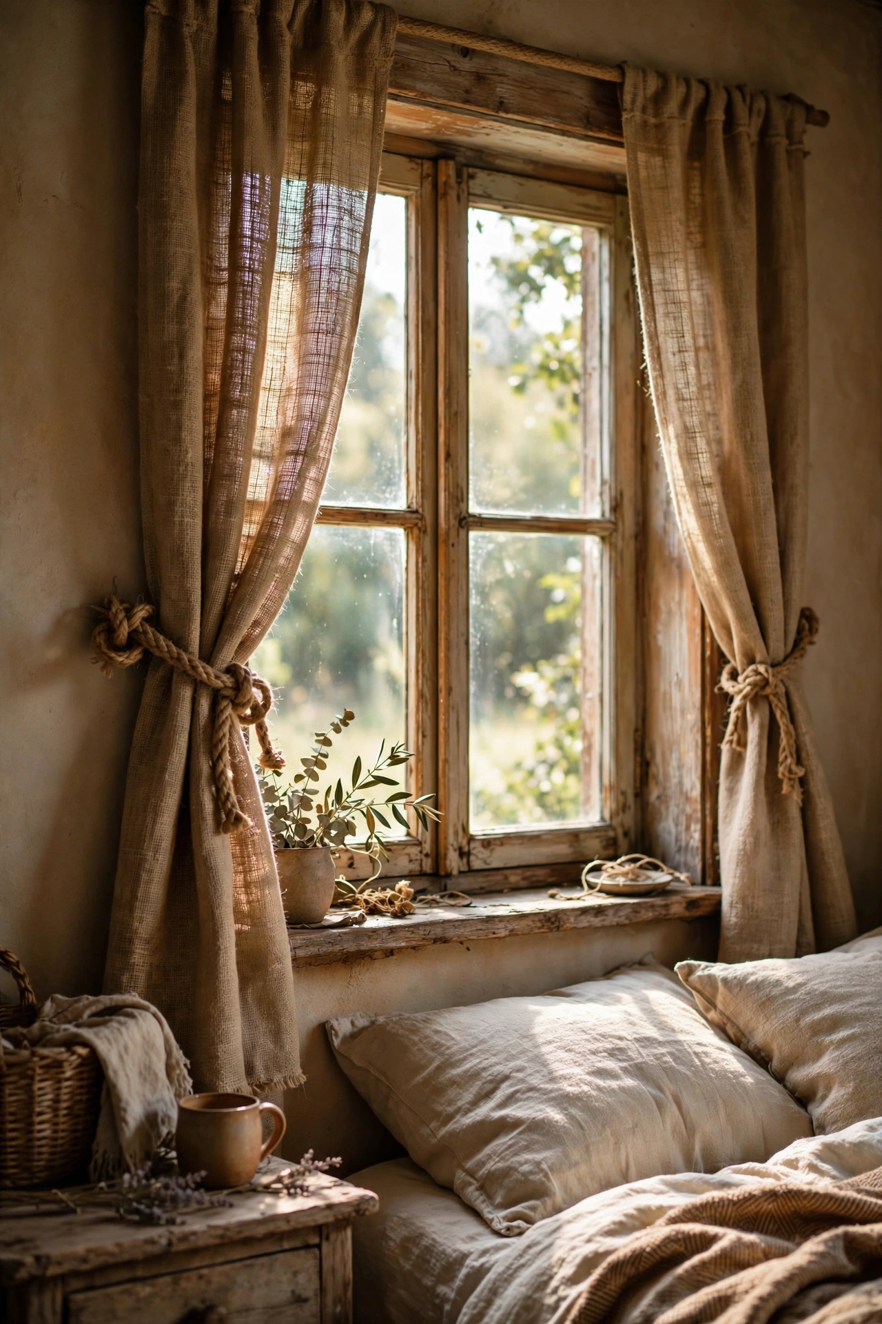 Jute rope tiebacks holding back burlap curtains in a rustic bedroom
