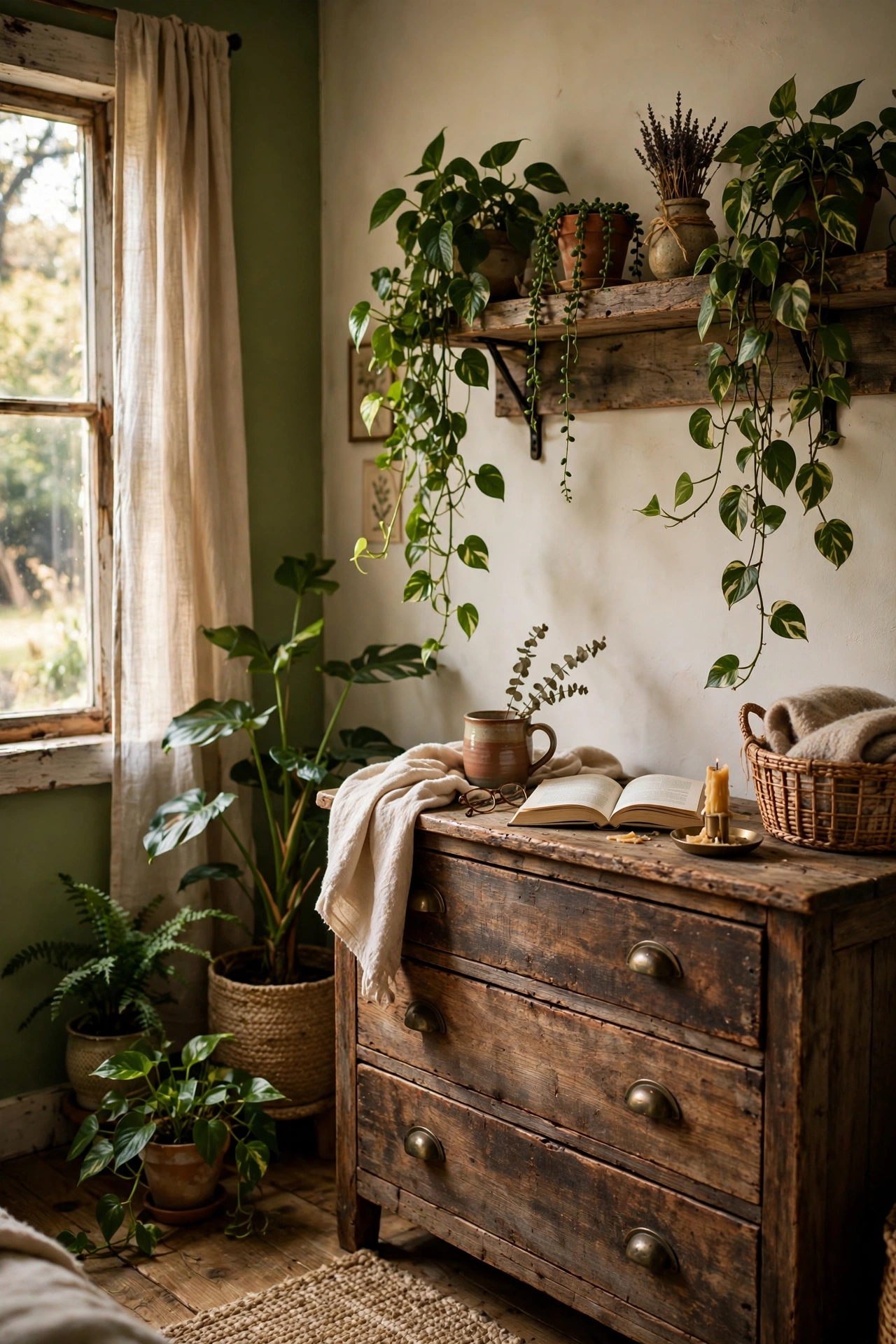 Reclaimed wood shelf with trailing plants mounted over a rustic dresser