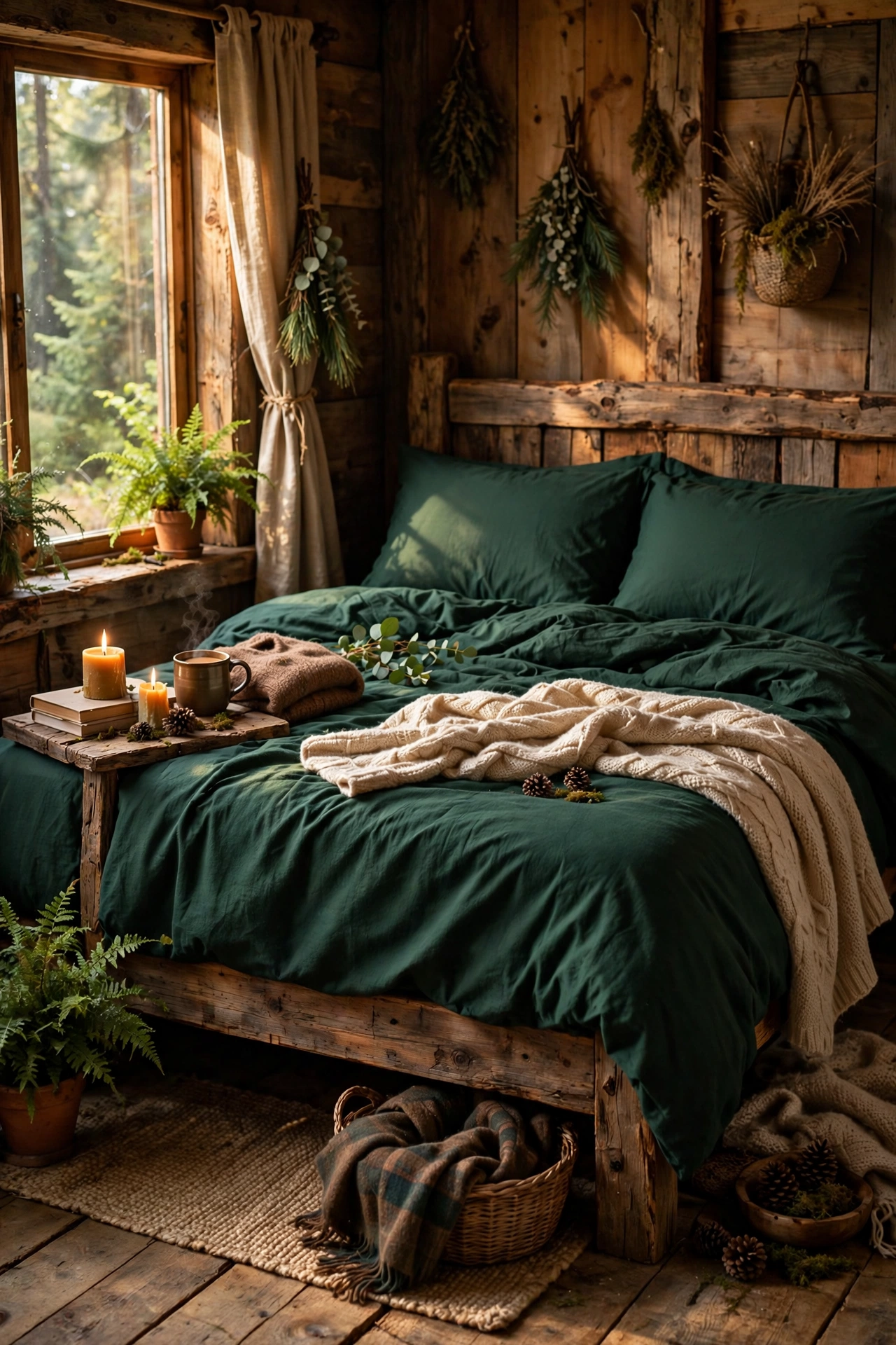 Bed dressed in deep forest green flannel sheets in a rustic bedroom