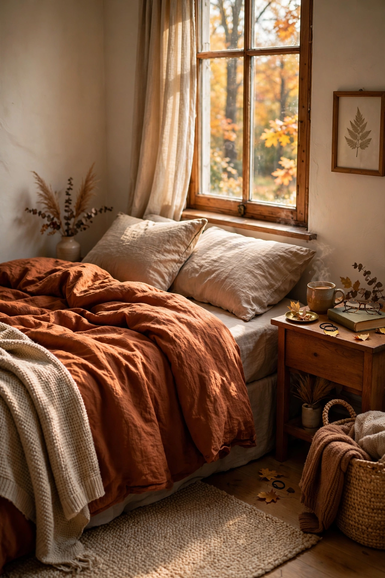 Bed dressed in a rust-colored duvet cover for fall
