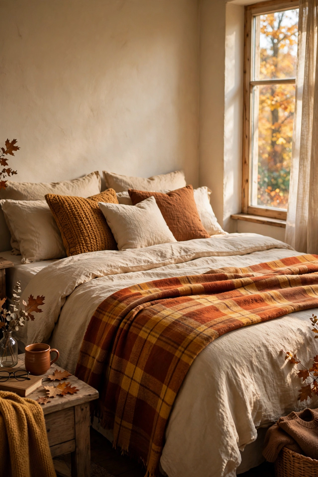Autumn plaid throw in rust and mustard draped on a bed