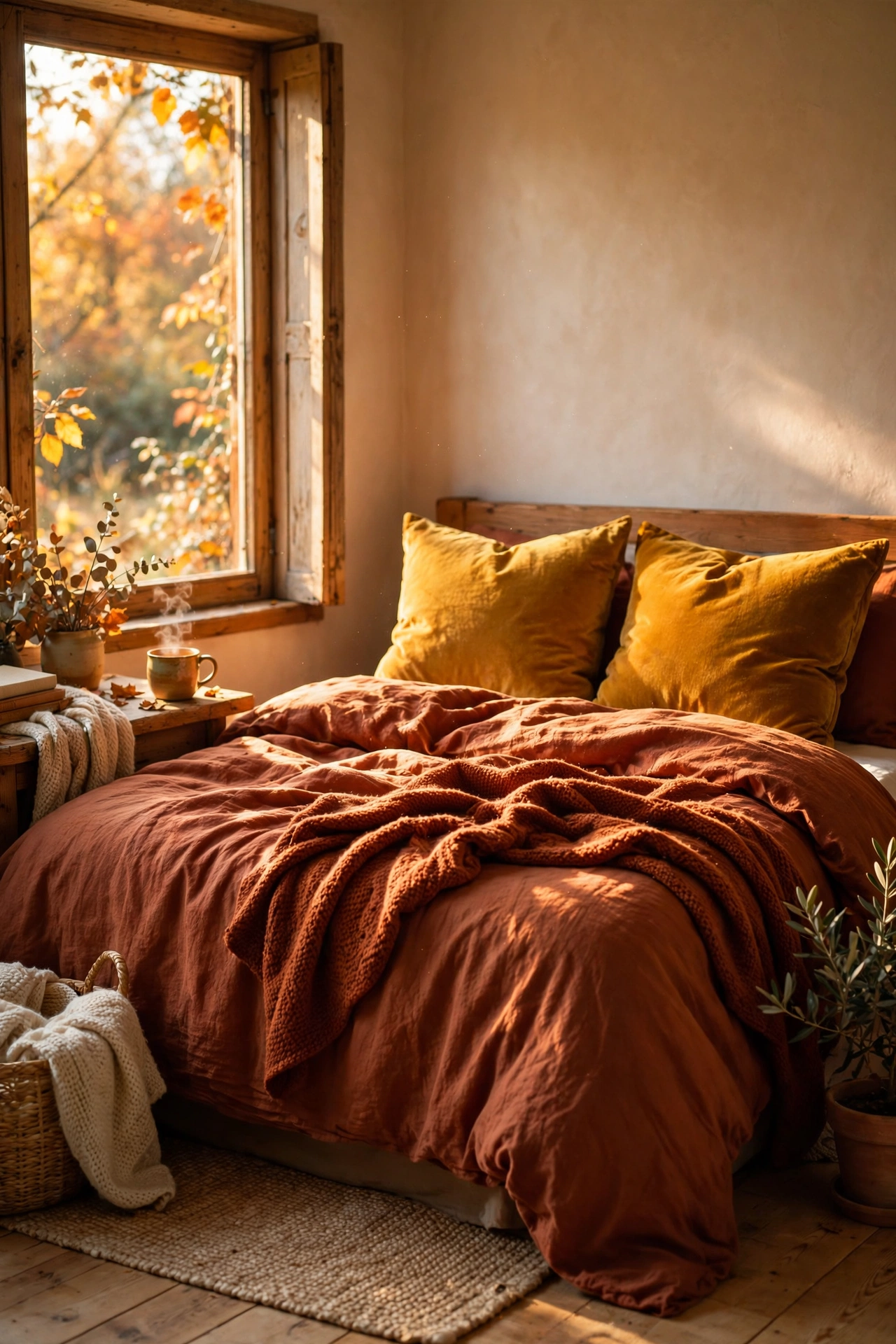 Mustard yellow velvet accent pillows on a fall bed