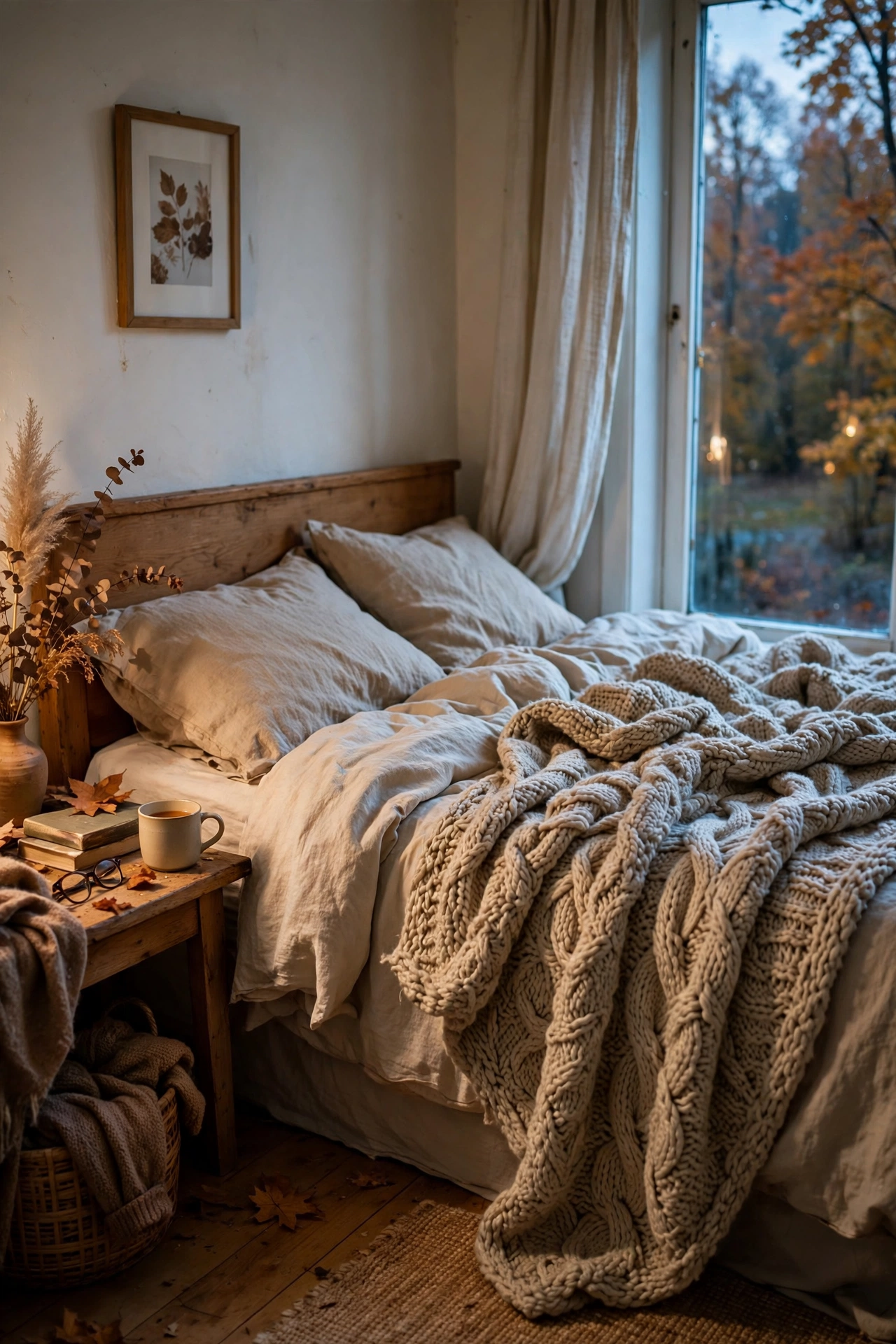 Oatmeal chunky knit blanket on a fall bed