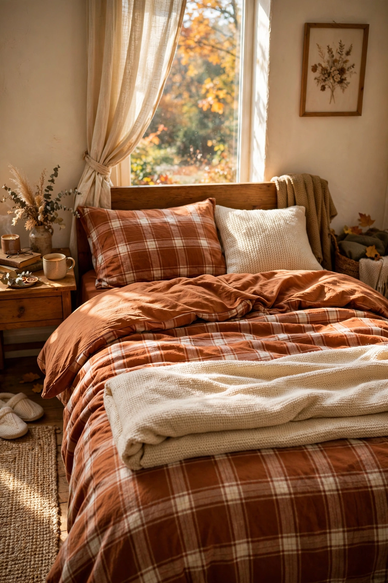 Bed dressed in warm rust and cream flannel sheets for fall