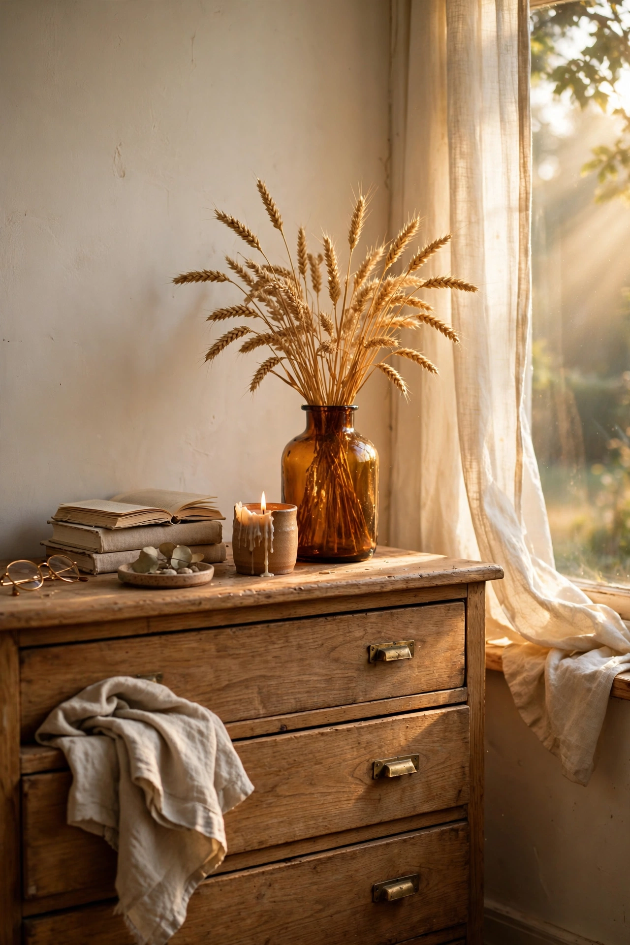 Dried wheat stems arranged in an amber vase on a bedroom dresser