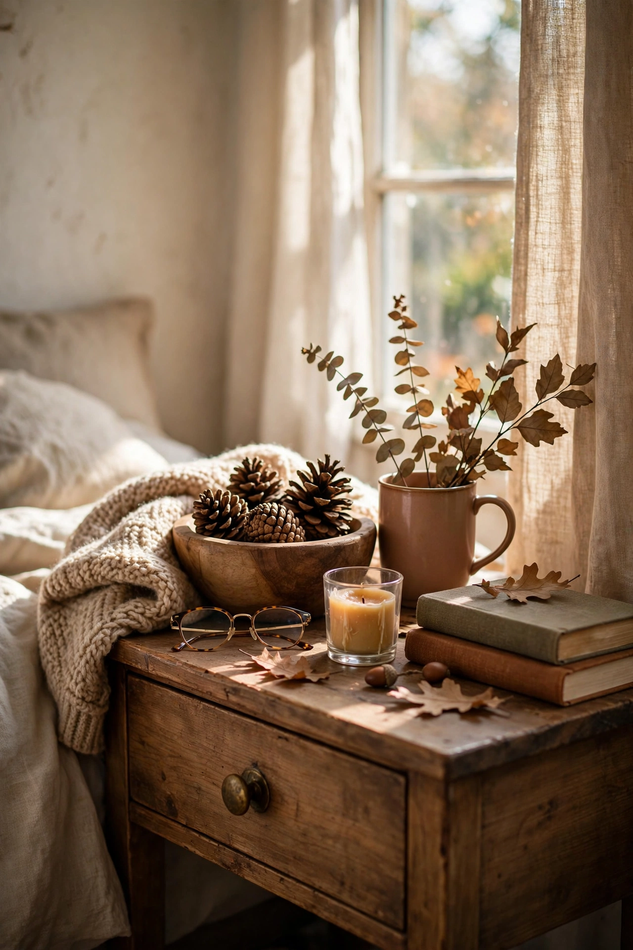 Pine cones piled in a wooden bowl on a bedroom nightstand
