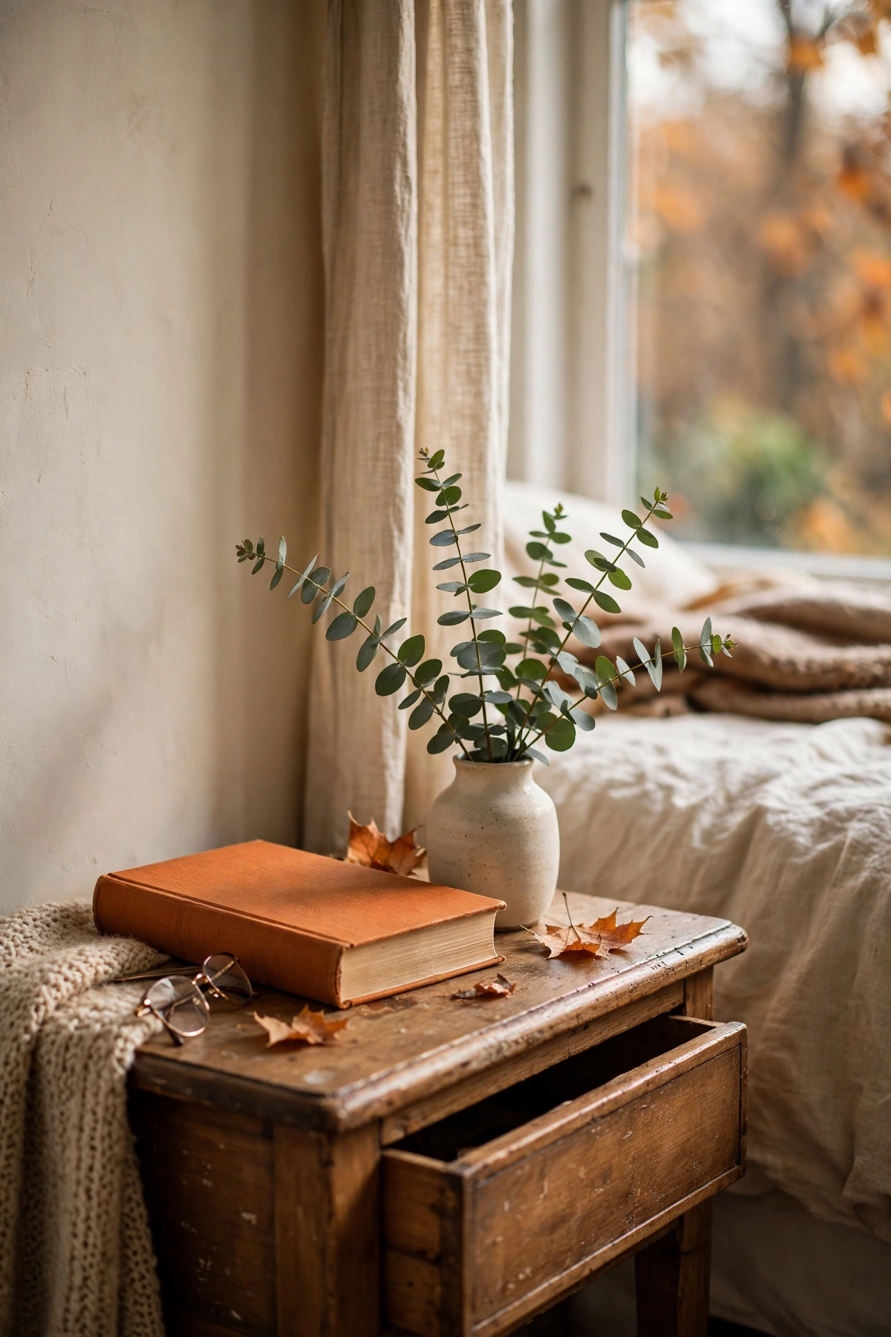 Eucalyptus sprigs in a small vase on a fall bedroom nightstand