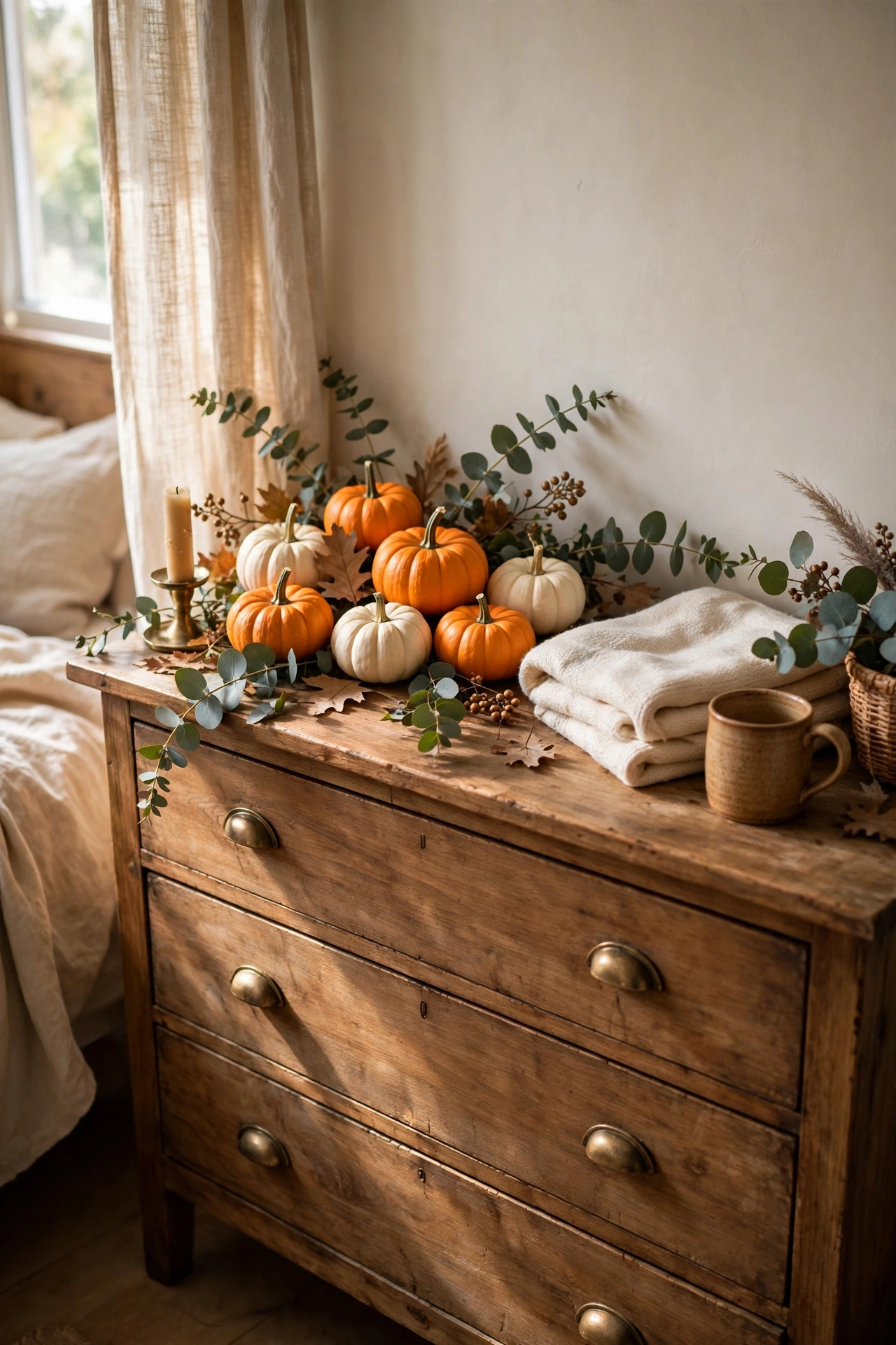 Mini pumpkins in orange and white arranged on a bedroom dresser