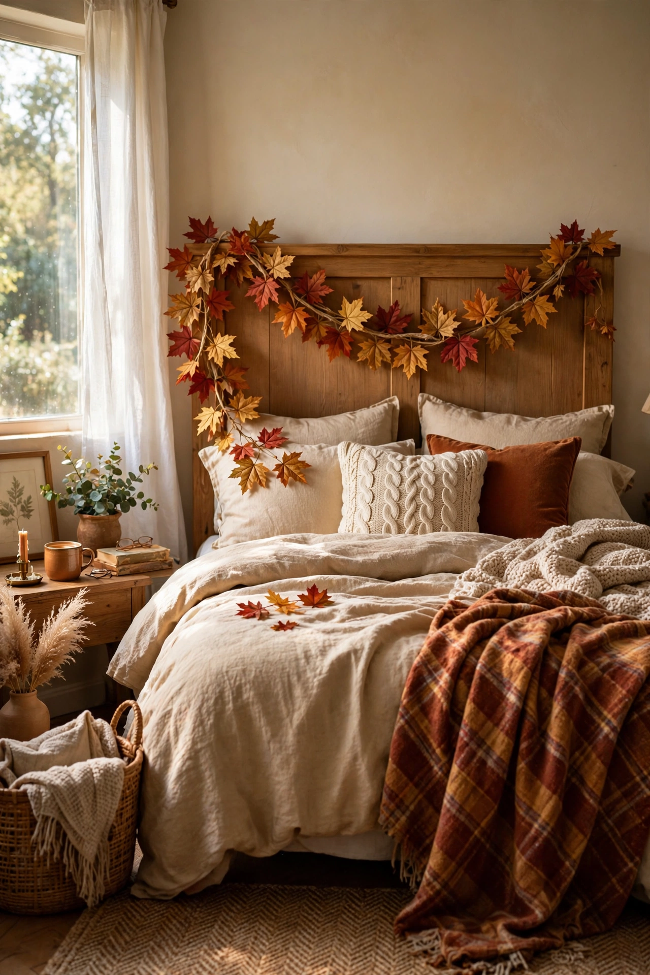 Faux fall leaf garland swagged across a bedroom headboard