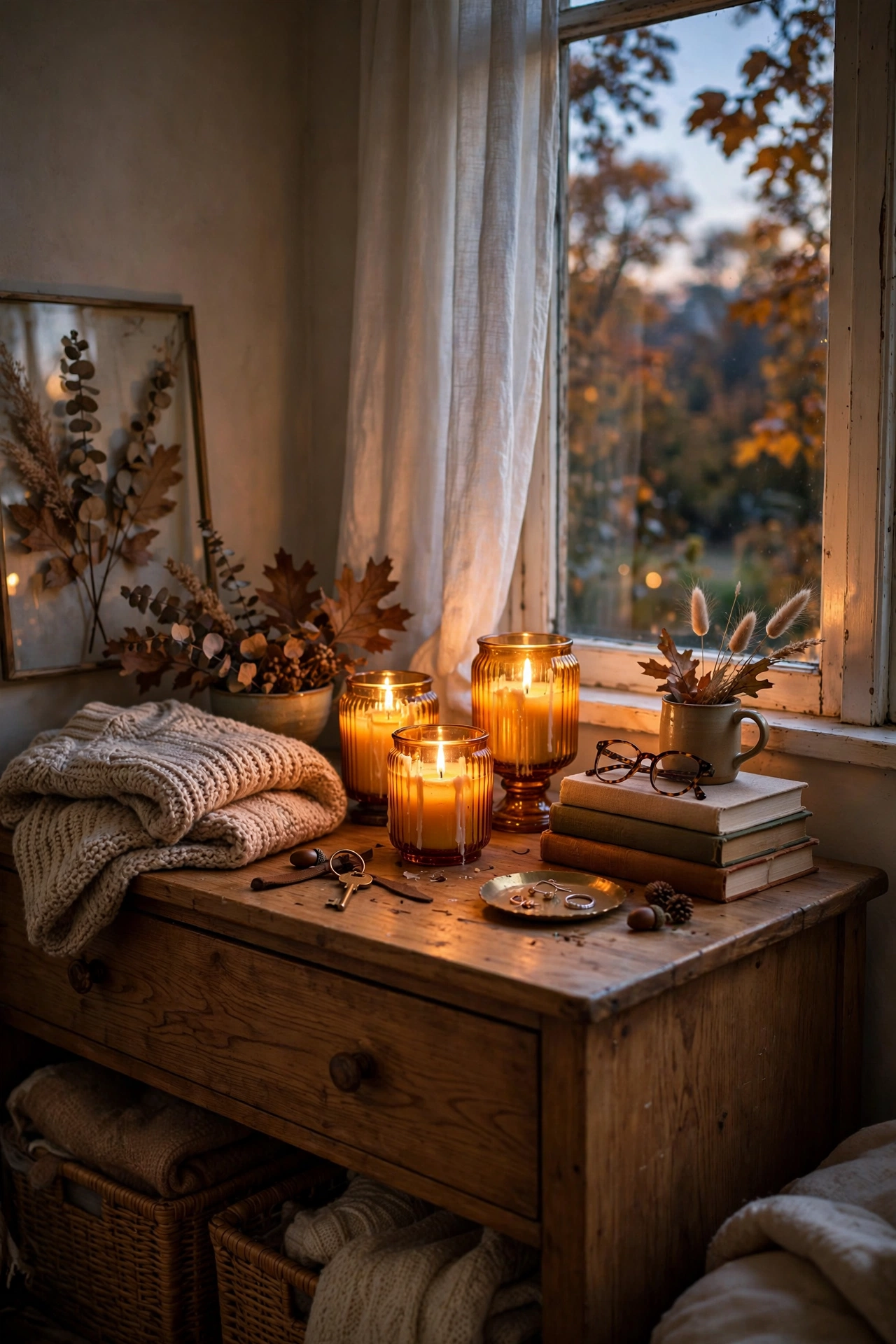 Amber glass candle holders glowing on a fall bedroom dresser