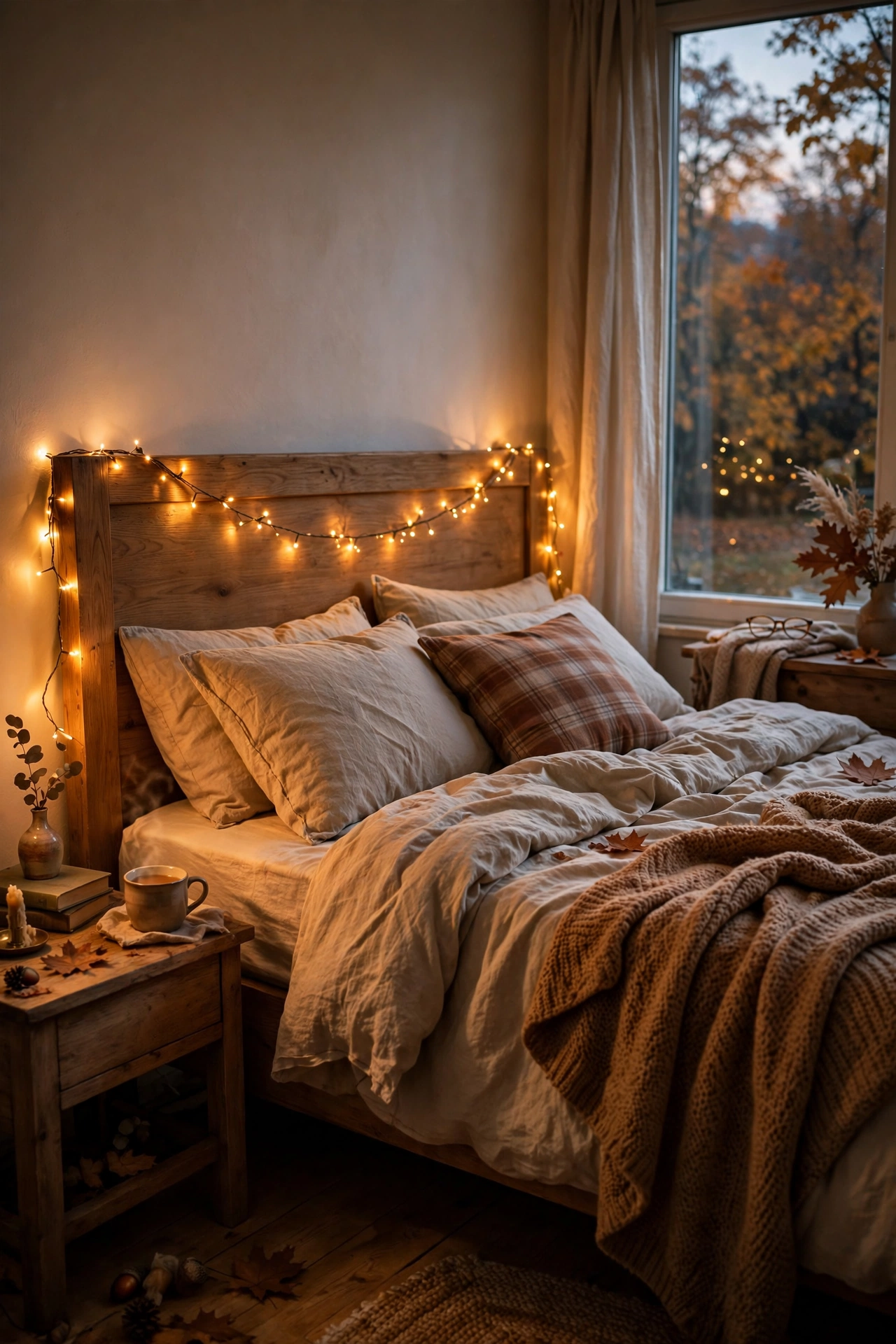Warm gold fairy lights draped along a headboard in a fall bedroom