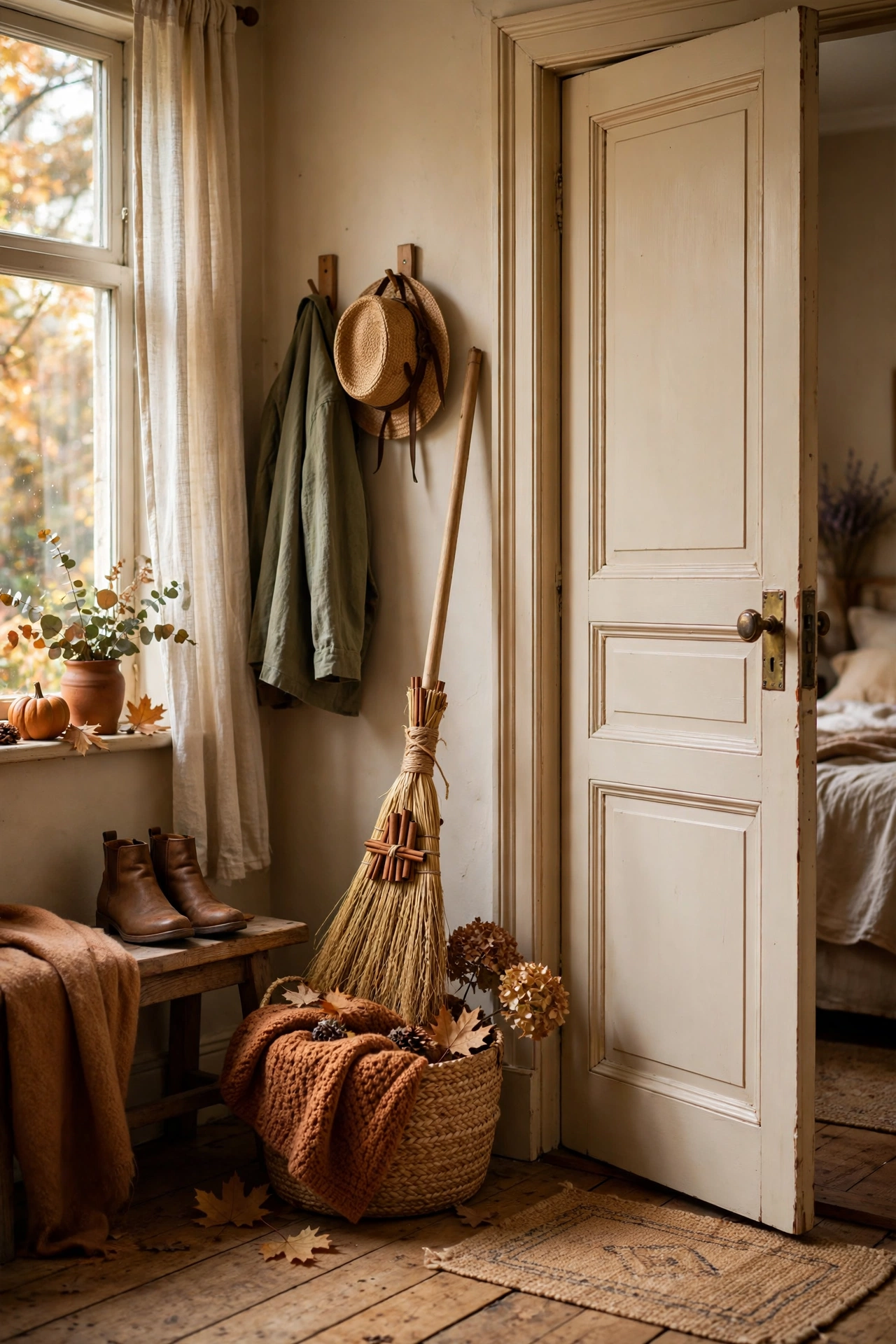 Cinnamon scented broom leaning by a fall bedroom door