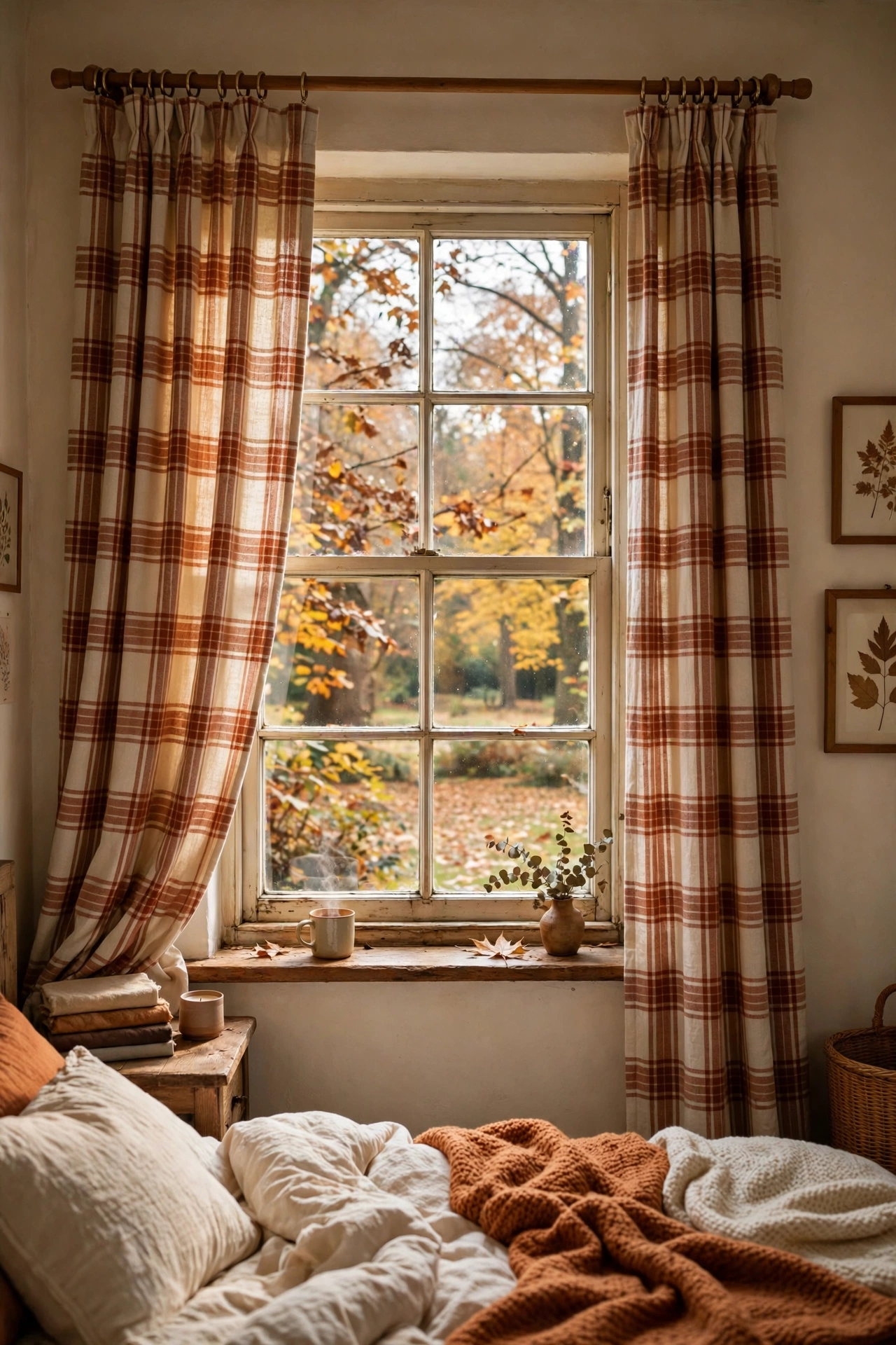 Rust and cream plaid curtain panels on a fall bedroom window